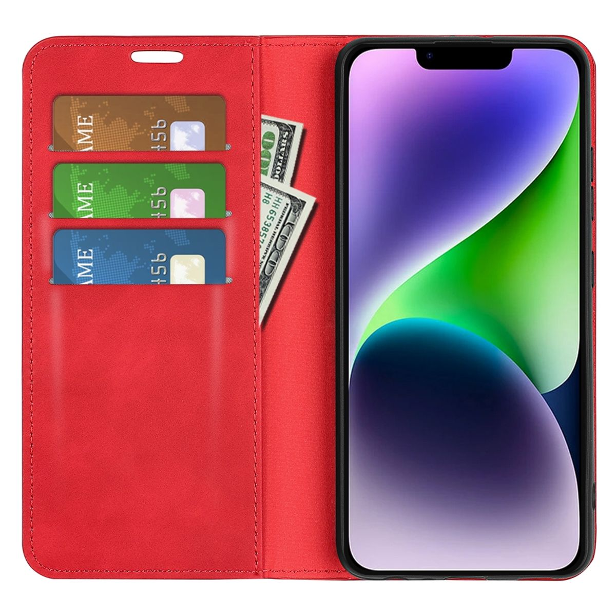 Rote Handyhülle, offen, mit Karten und Geld. Rechts befindet sich ein Telefon.