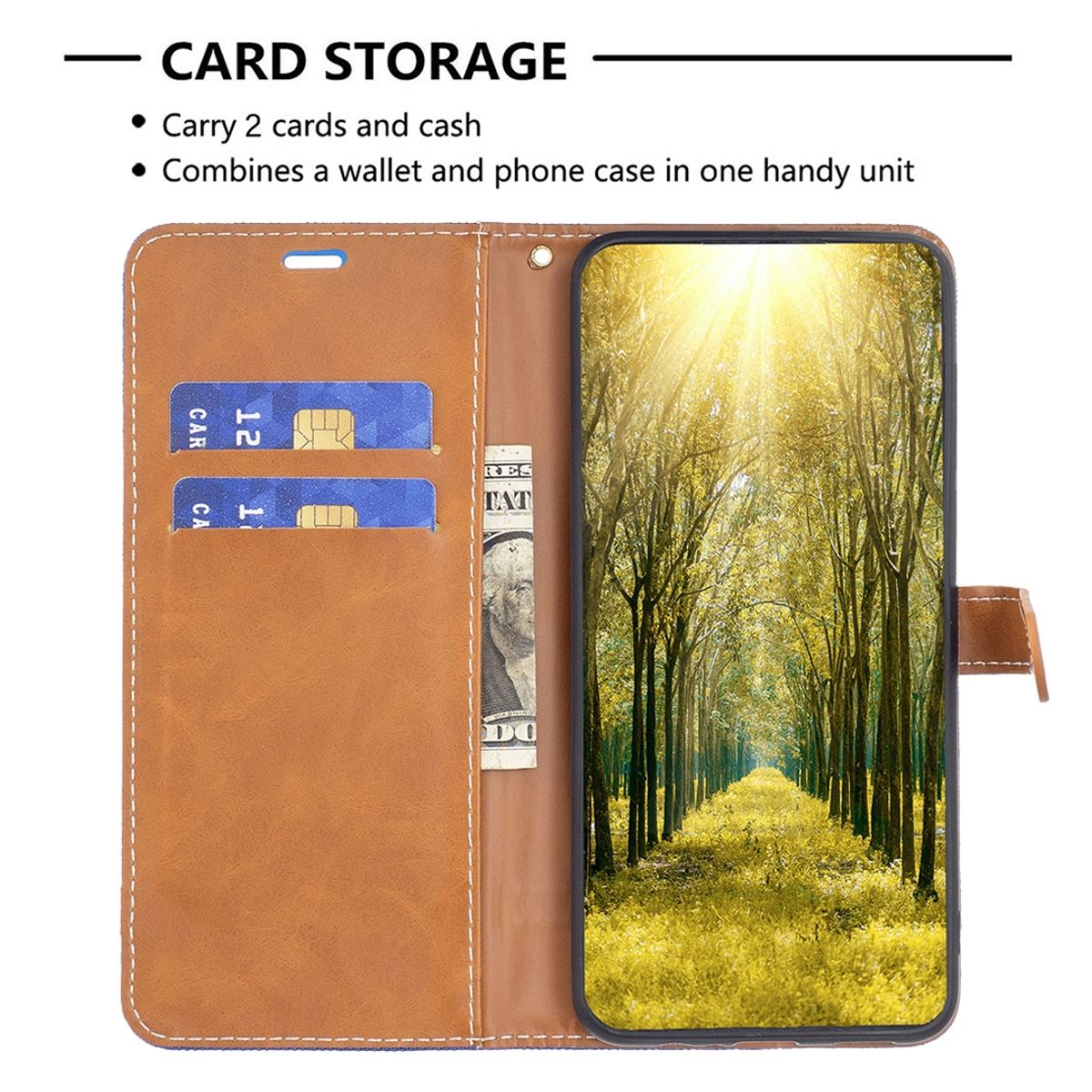 Braune Handyhülle geöffnet, um ein Telefon mit einer Waldszene und zwei Kartenfächern zu zeigen.