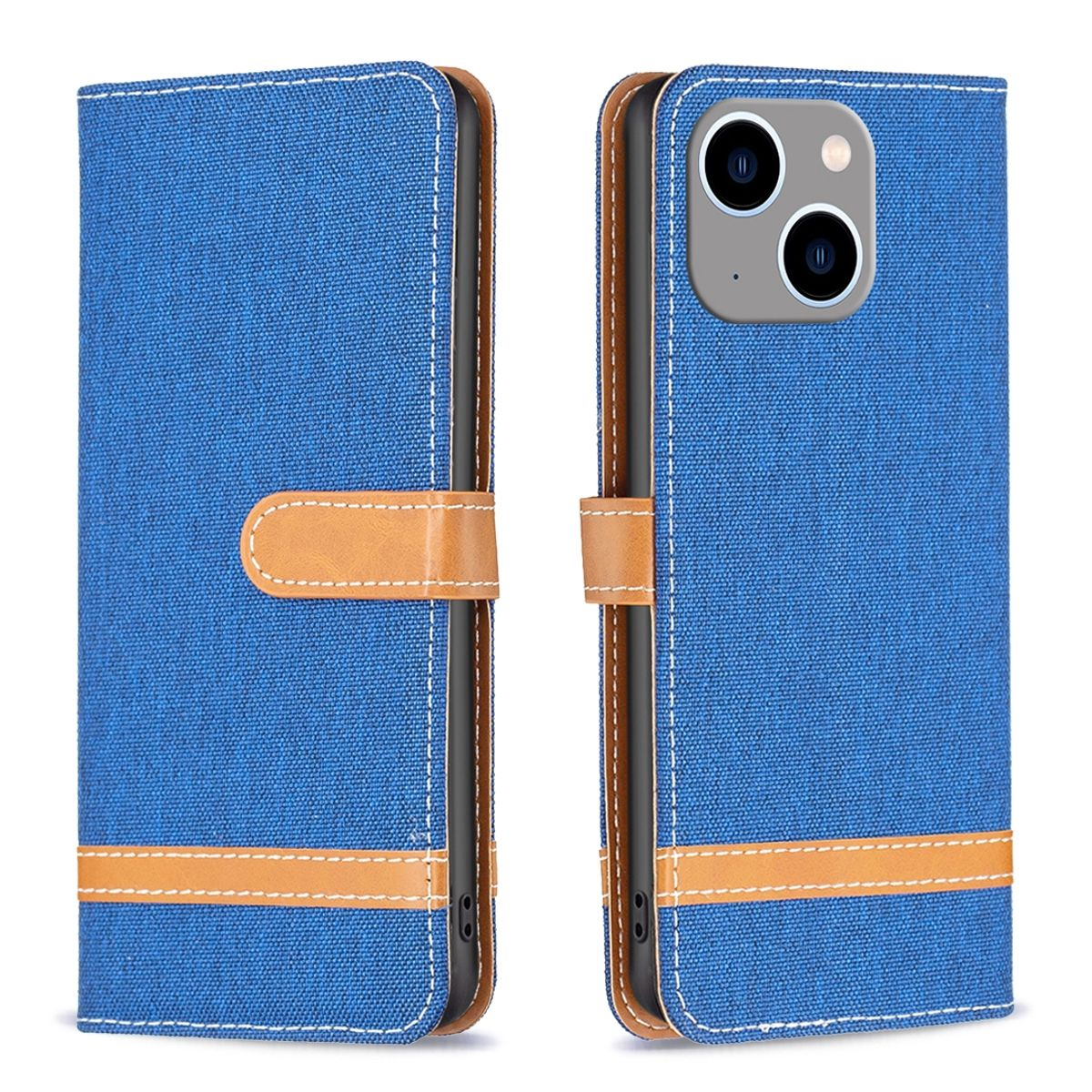 Eine blaue Handyhülle mit Knopfverschluss und Telefonumriss.