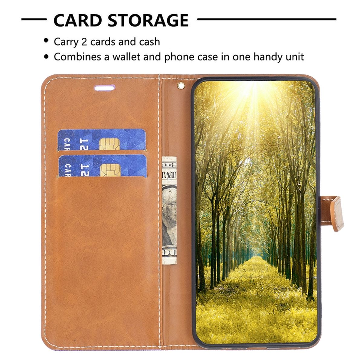 Eine braune Telefonhülle geöffnet, zeigt Karten, Bargeld und ein Telefon mit Landschaft.