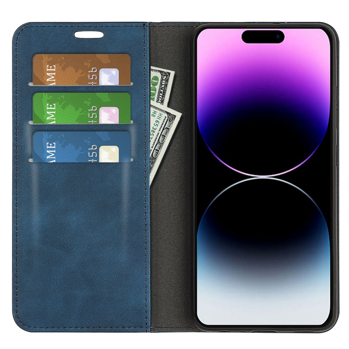 Blaue Handyhülle geöffnet, zeigt Kreditkarten, Bargeld und ein Handy mit Inhaltsanzeige.