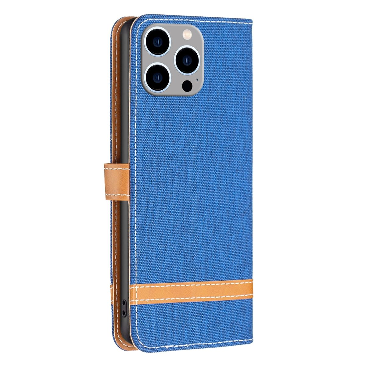 Blaue Handyhülle mit braunem Lederband. Geschlossen hat es ein einfaches Design. Das Telefon ist innen.