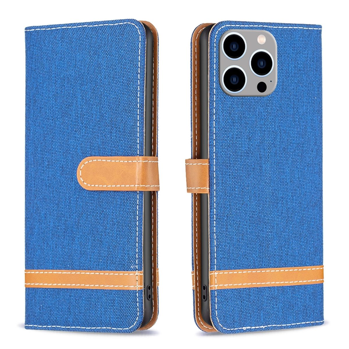 Blaue Handyhülle mit braunem Riemen und Nähten.