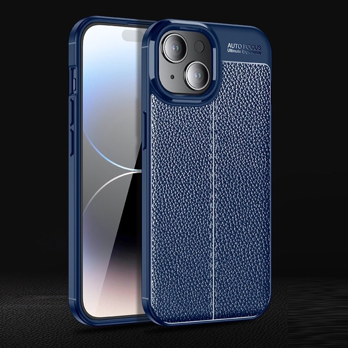 Blaue Handyhülle mit Lederstruktur, neben einem anderen Telefon platziert.