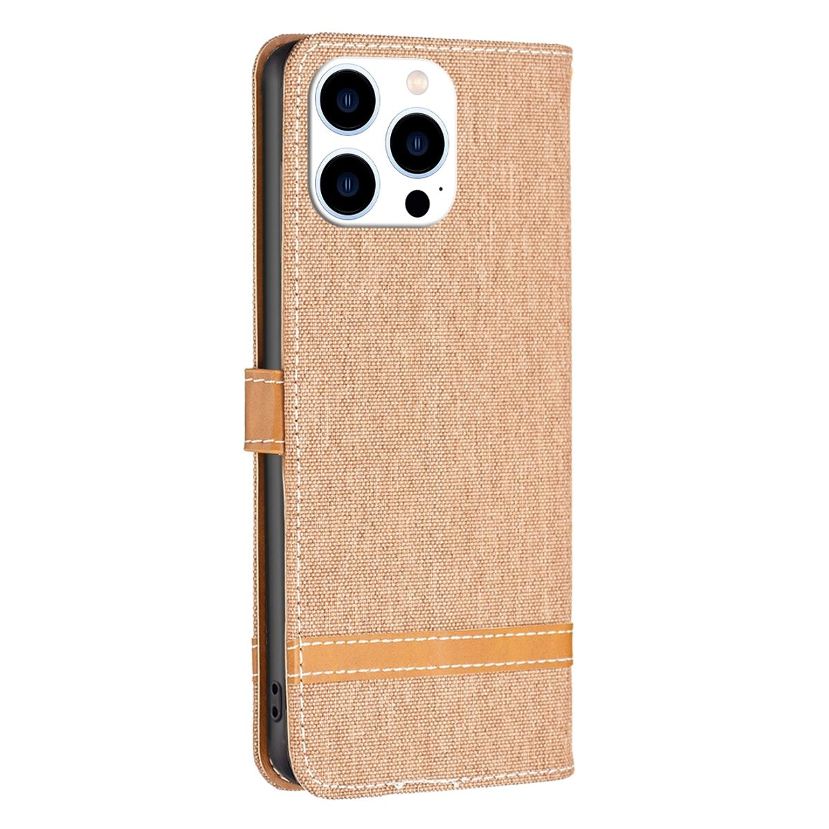 Eine beige Handyhülle mit Telefon und Magnetverschluss.