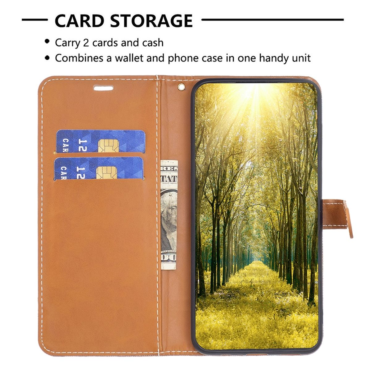 Geöffnete braune Brieftasche mit Karten, Geld und Telefon mit Bäumen.