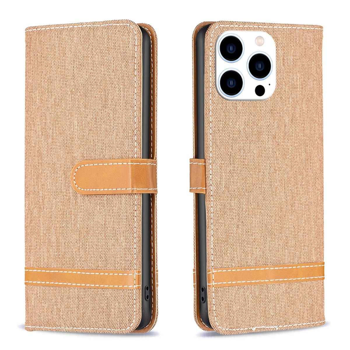 Beige Handyhülle, offen und geschlossen, mit braunem Riemen und hellem Hintergrund.