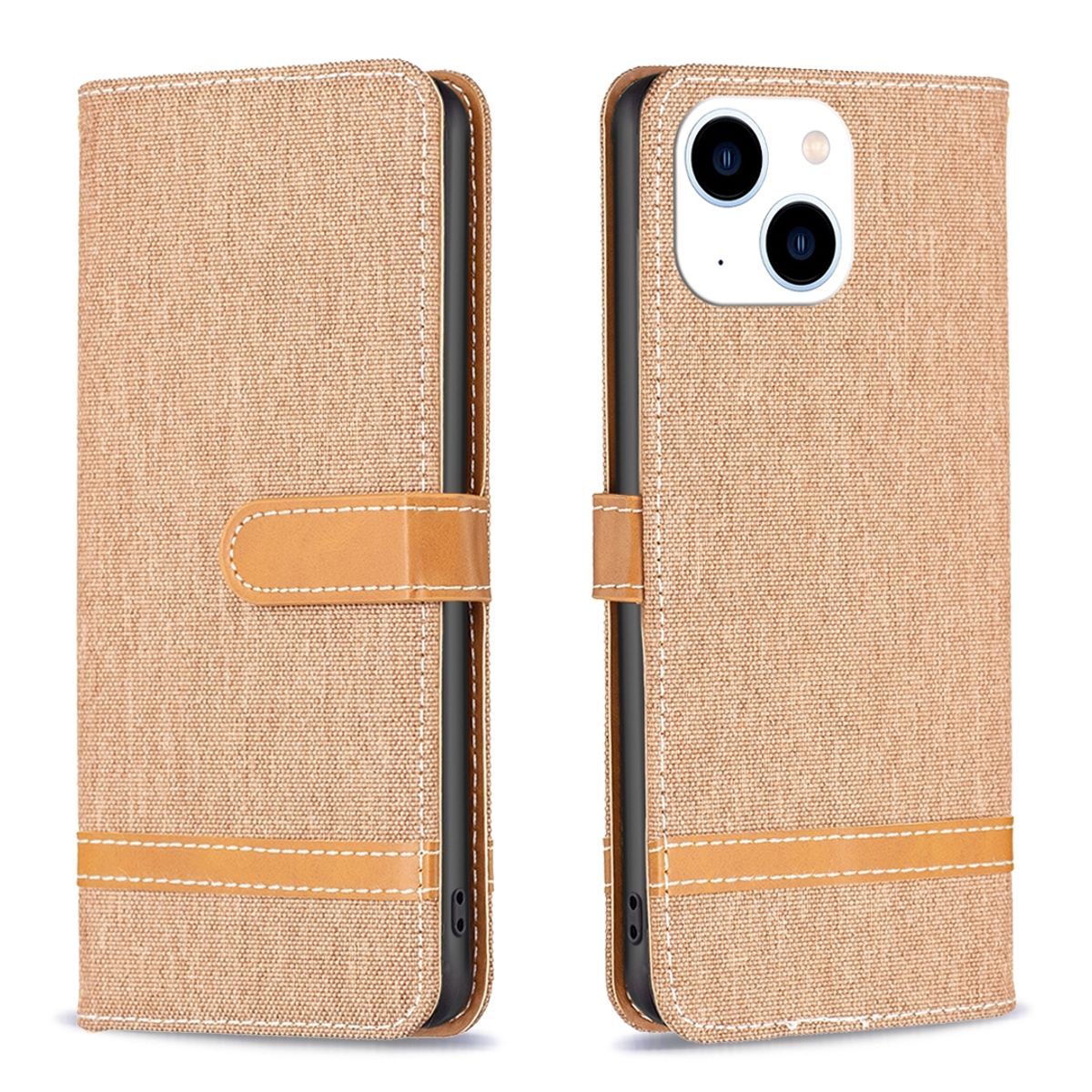Eine beige Telefonhülle, offen, mit beigem Lederriemen und Nähten, vor weißem Hintergrund.