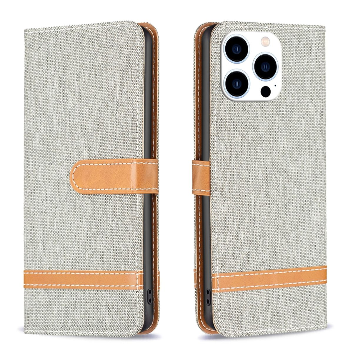 Ein geschlossenes Handycase mit Stoffstruktur und braunem Lederriemen.