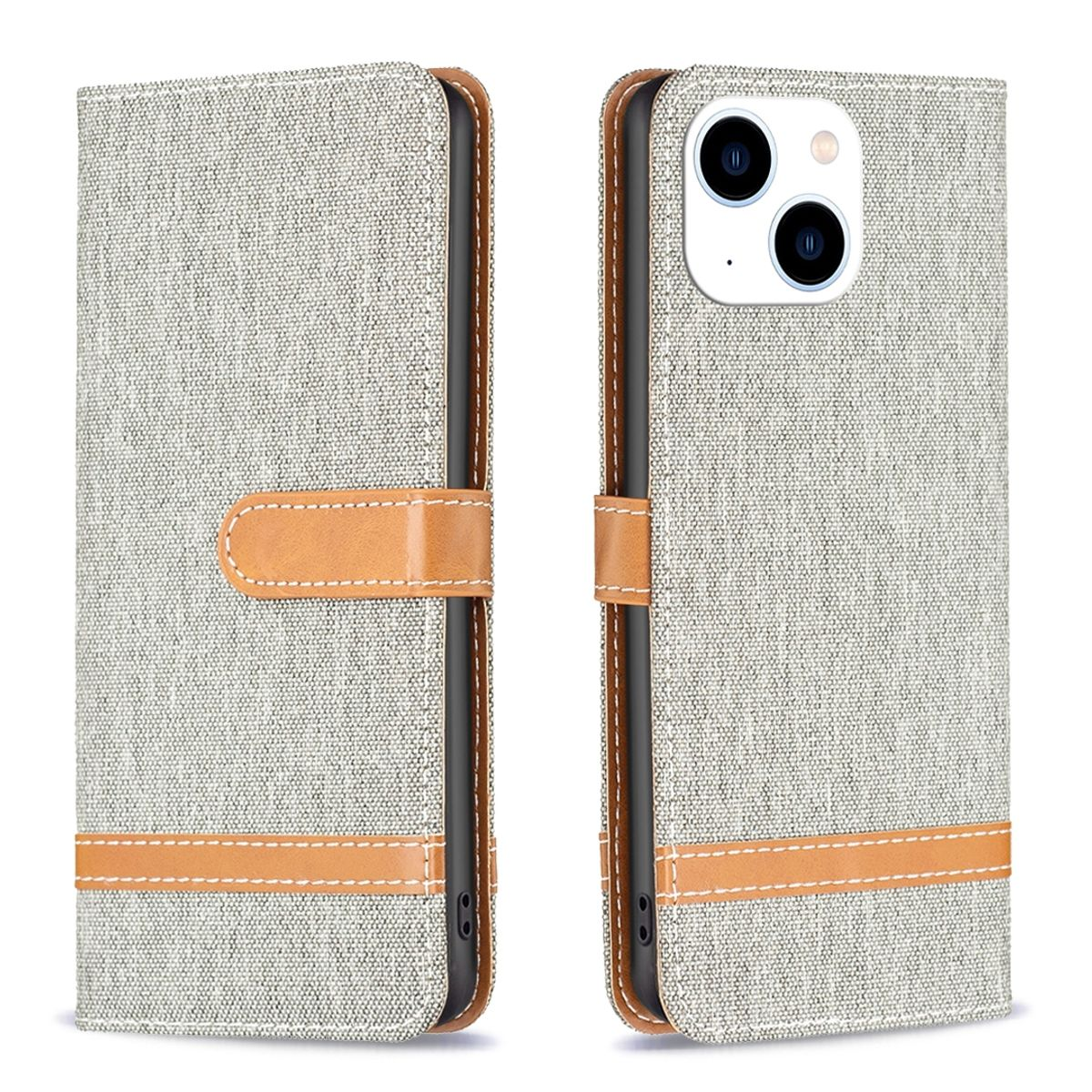 Ein Handy-Etui, offen und geschlossen, aus hellgrauem Stoff mit braunen Lederakzenten.