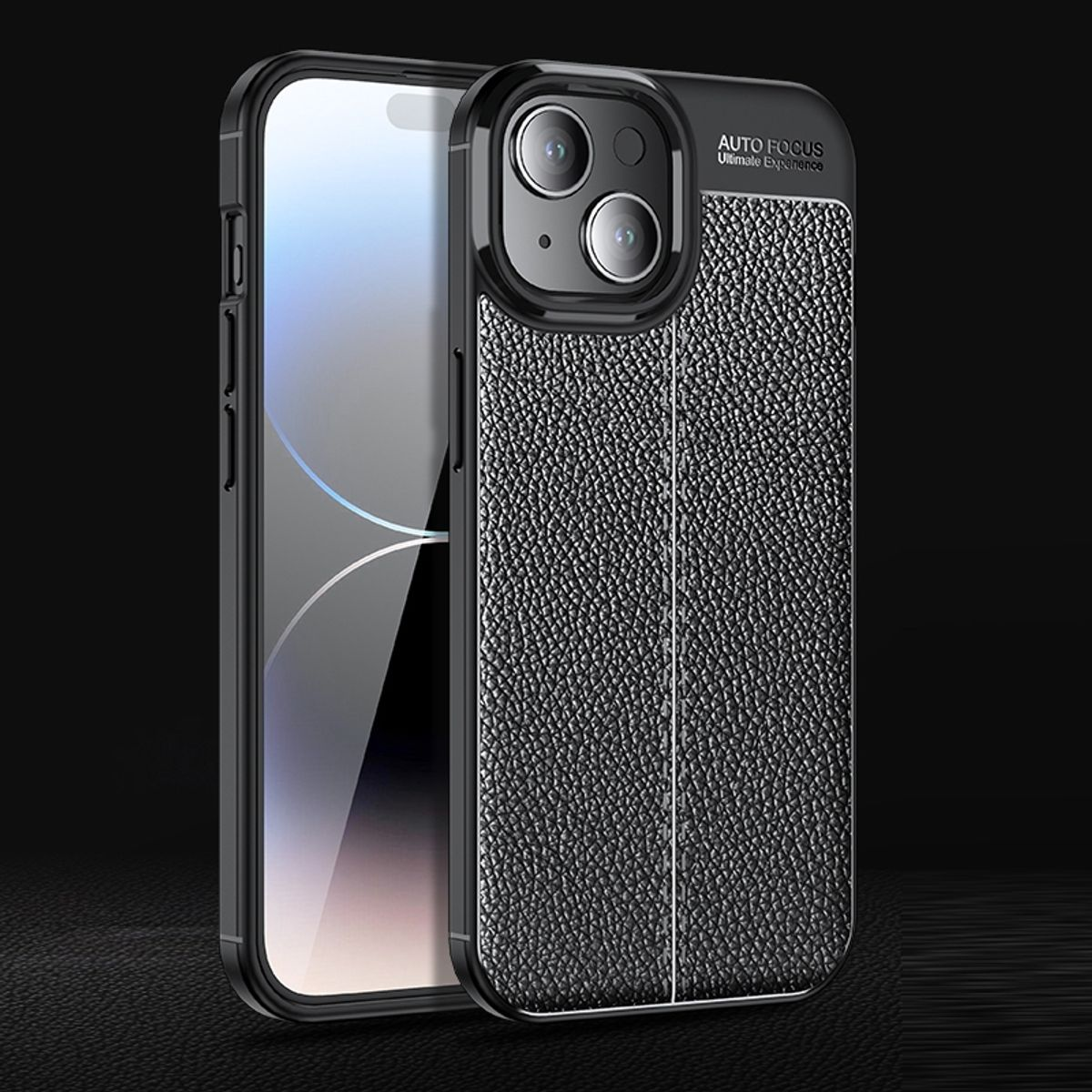 Schwarze Handyhülle. Das Telefon befindet sich links. Die Hülle hat eine strukturierte Rückseite.