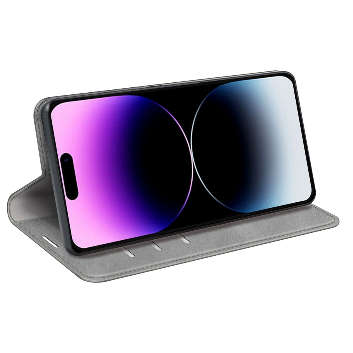 Ein Smartphone in einem grauen Gehäuse steht aufrecht und zeigt einen lila und weißen Farbverlauf.