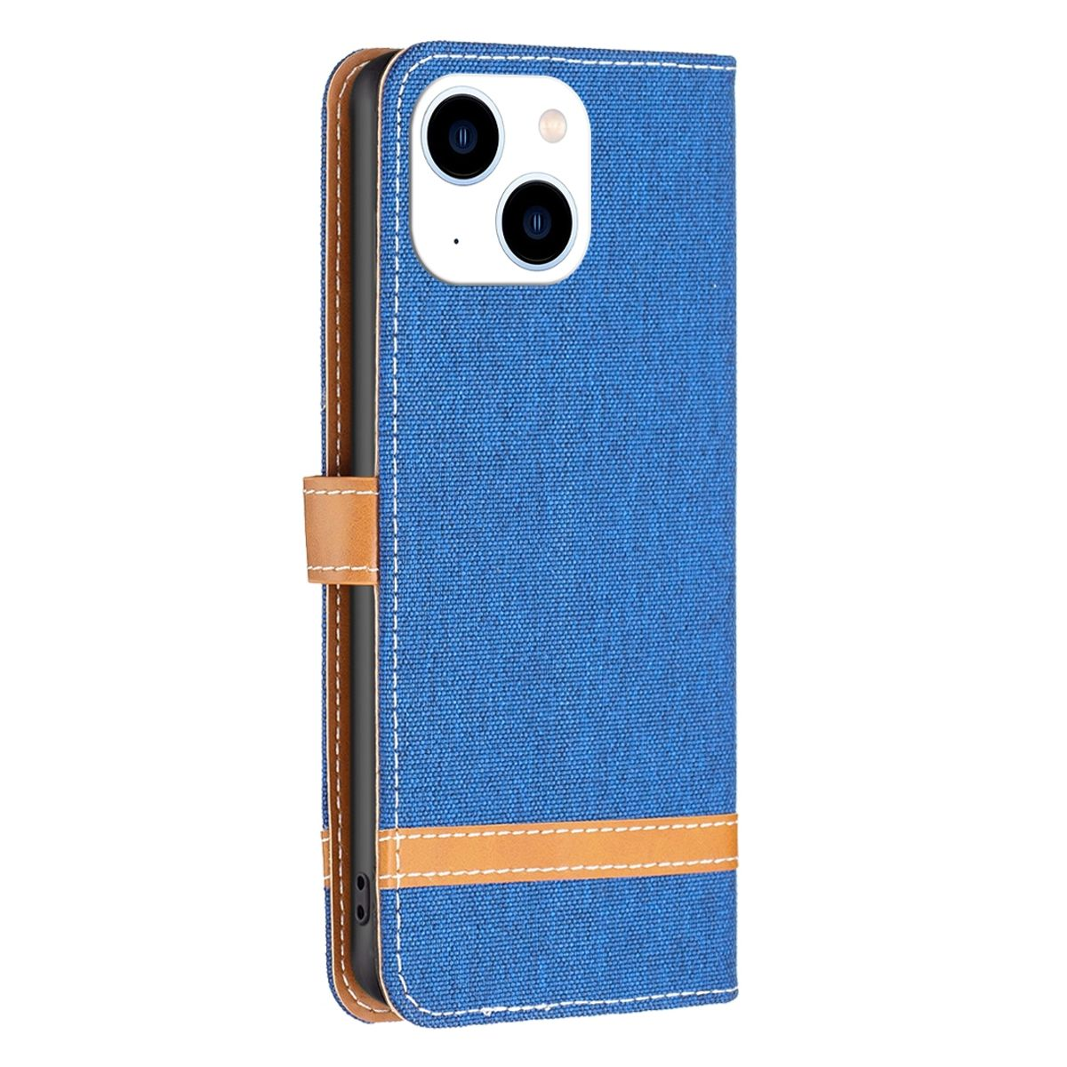 Eine blaue Handyhülle mit einem hellbraunen Lederriemen und einem Telefon. Das Telefon hat zwei Kameras.
