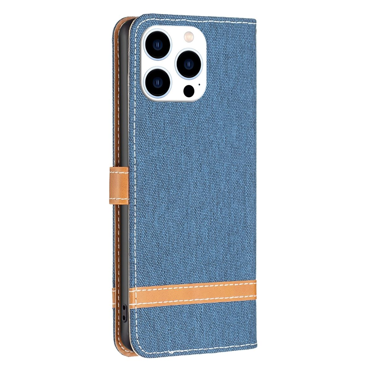 Eine blaue Handyhülle mit braunem Lederriemen. Das Telefon hat drei Kameras. Die Hülle bedeckt das Telefon.