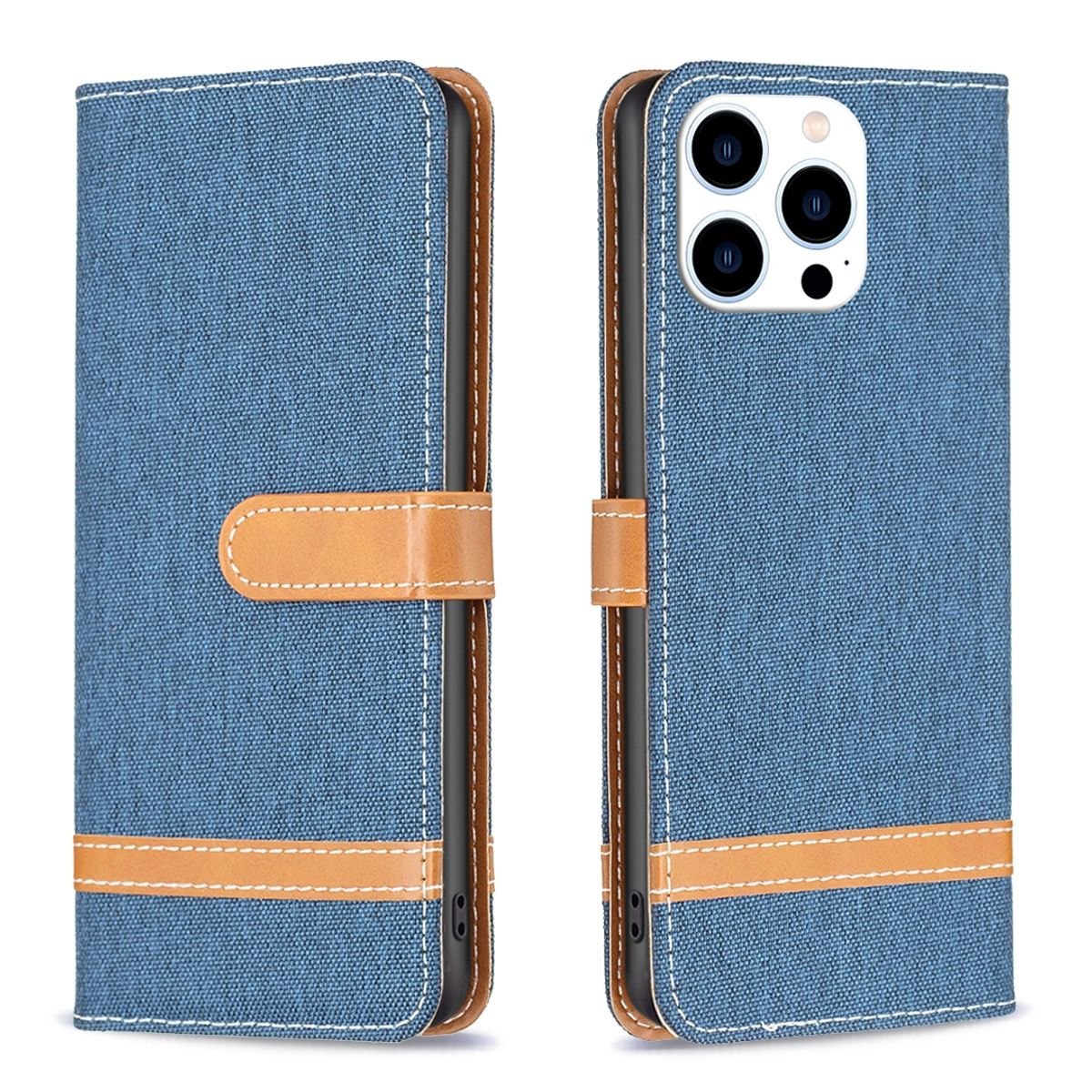 Eine blaue Telefonhülle, offen, mit beigem Lederriemen und Nähten, vor weißem Hintergrund.