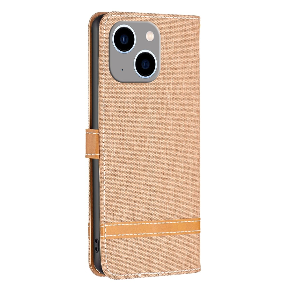 Eine beige Handyhülle mit braunem Riemen. Das Telefon hat mehrere Kameras.