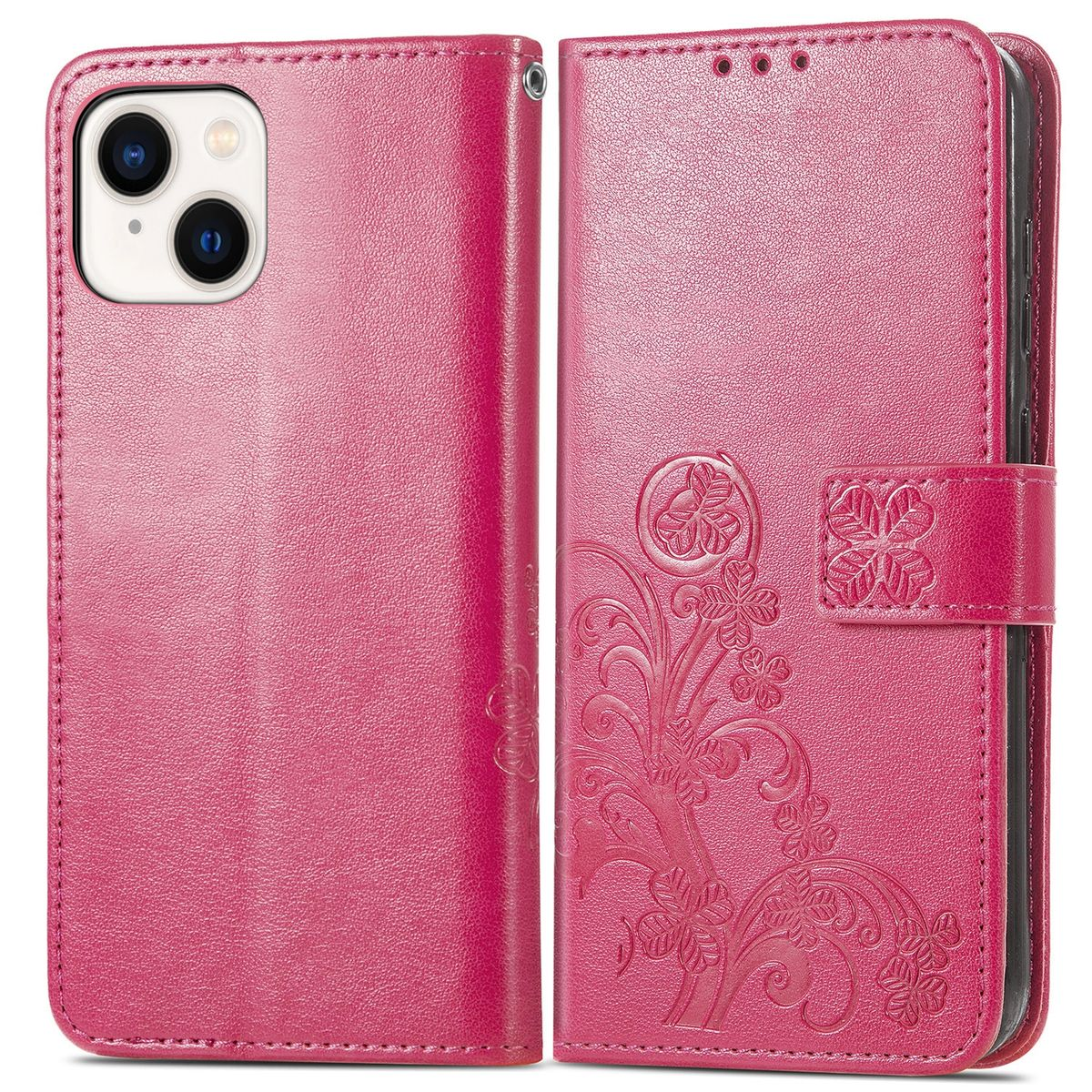 Eine pinke Handyhülle geöffnet. Das Telefon mit zwei Kameras ist sichtbar. Innen befindet sich ein Blumendesign.