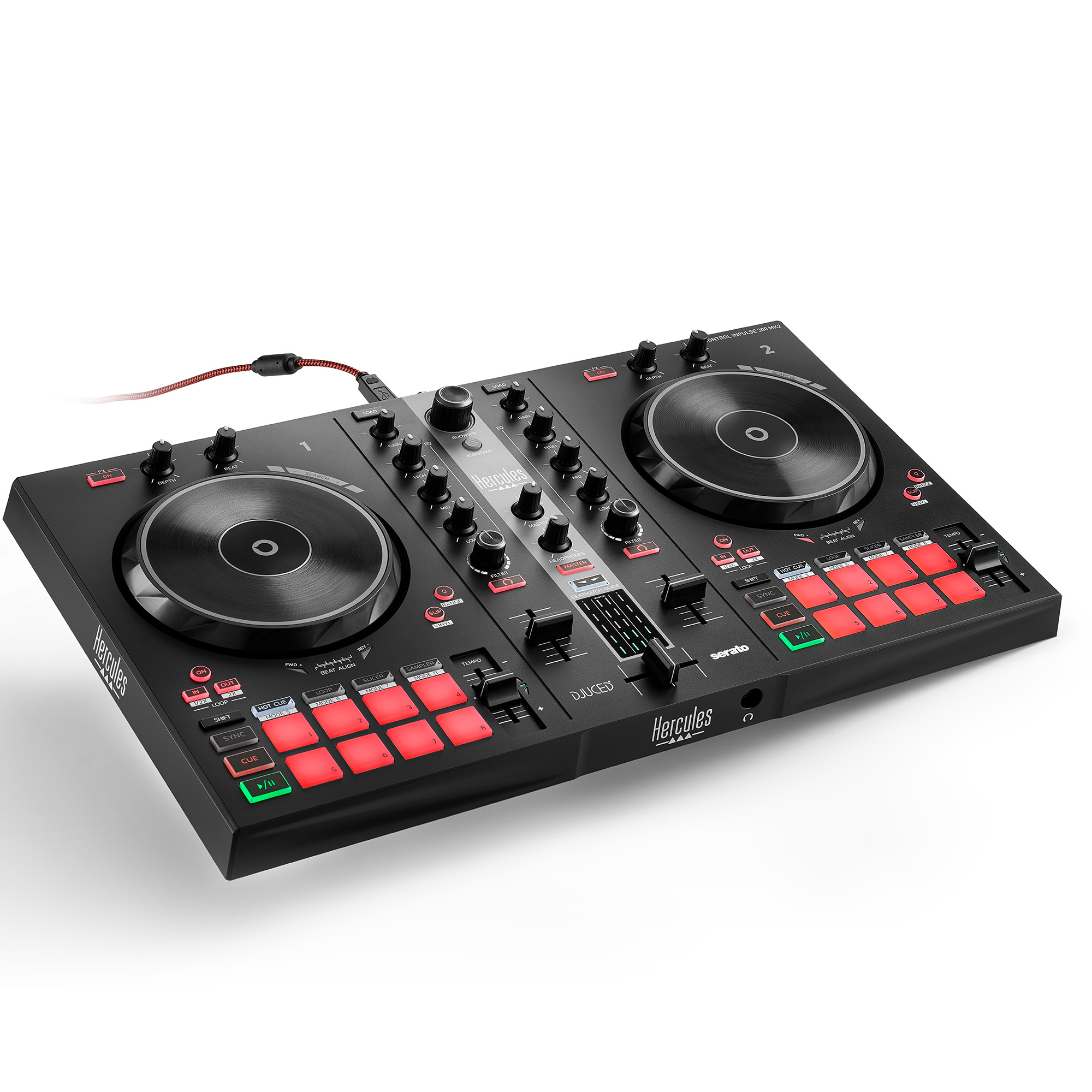 Une table de mixage DJ noire avec des boutons rouges et verts. Possède deux platines et une table de mixage.