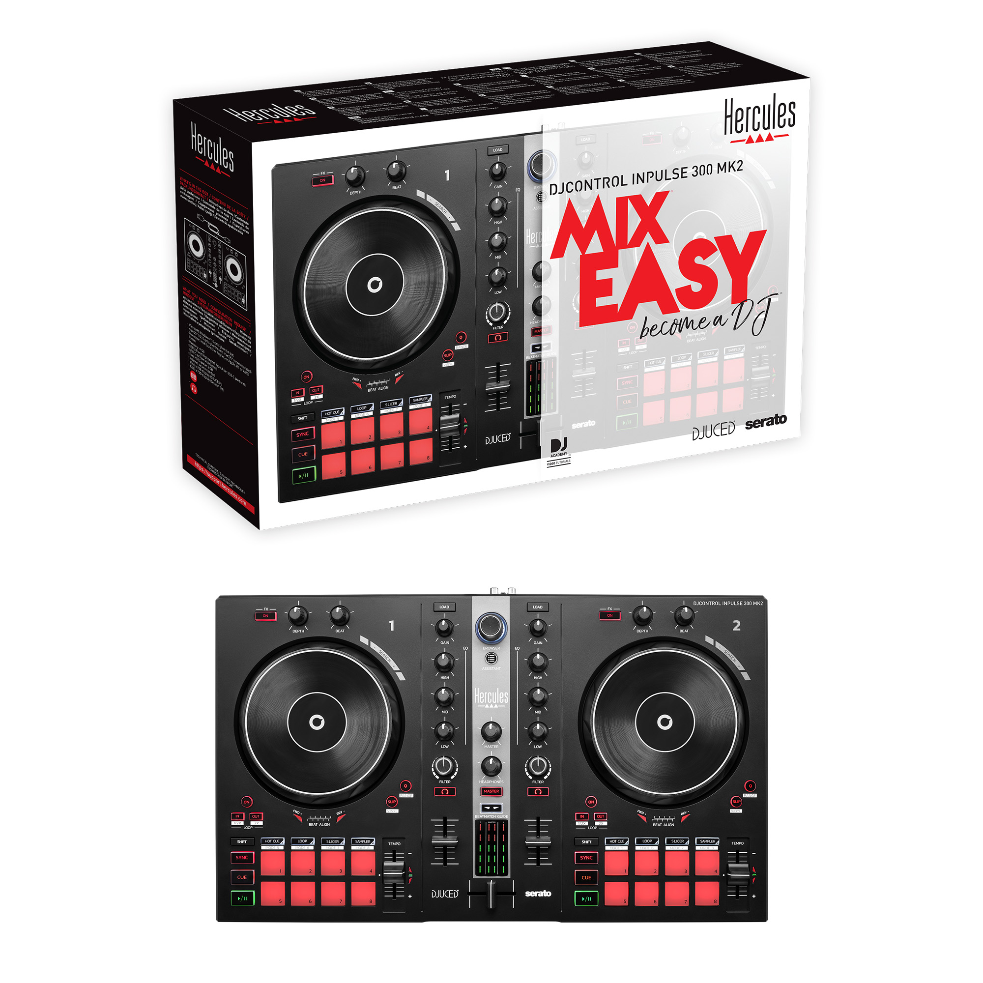 Contrôleur DJ et emballage, avec deux platines, des pads rouges et une table de mixage.