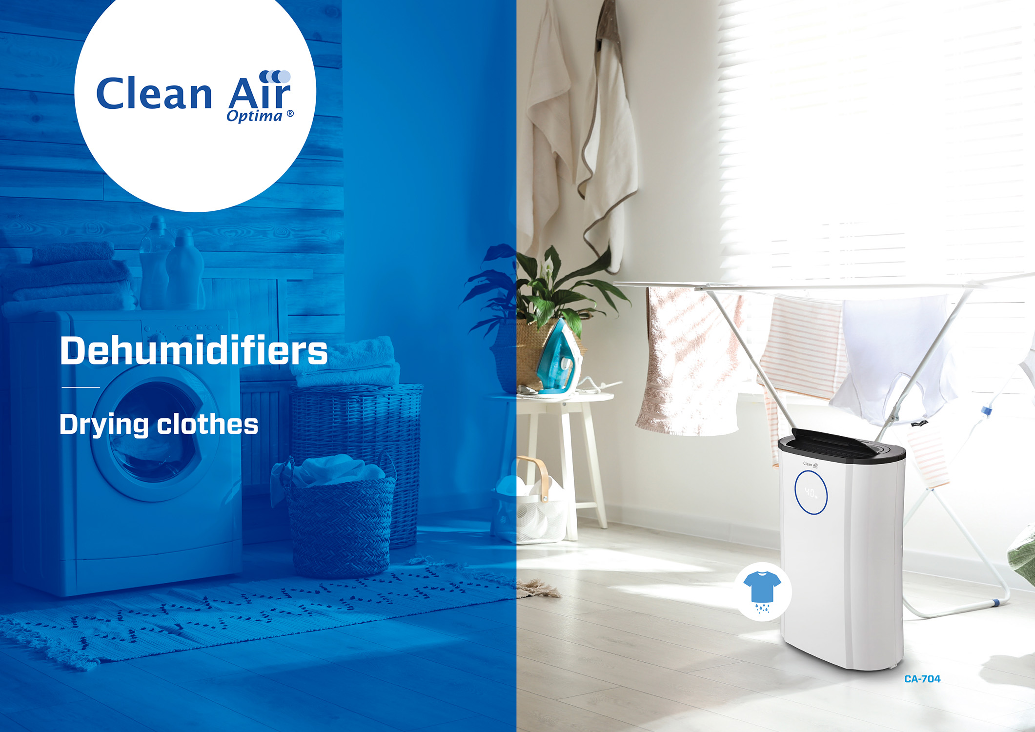 Ein Luftentfeuchter rechts. Links eine Waschmaschine, Kleidung und ein Korb. Blaue Akzentfarbe.