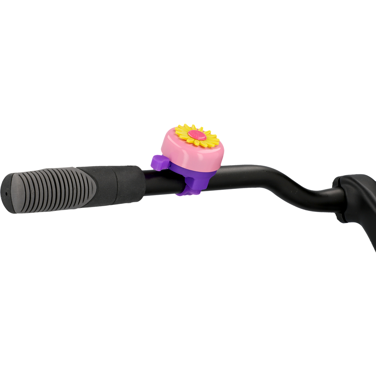 Eine rosa und gelbe Fahrradklingel an einem schwarzen Lenker befestigt. Die Klingel hat ein Blumendesign.