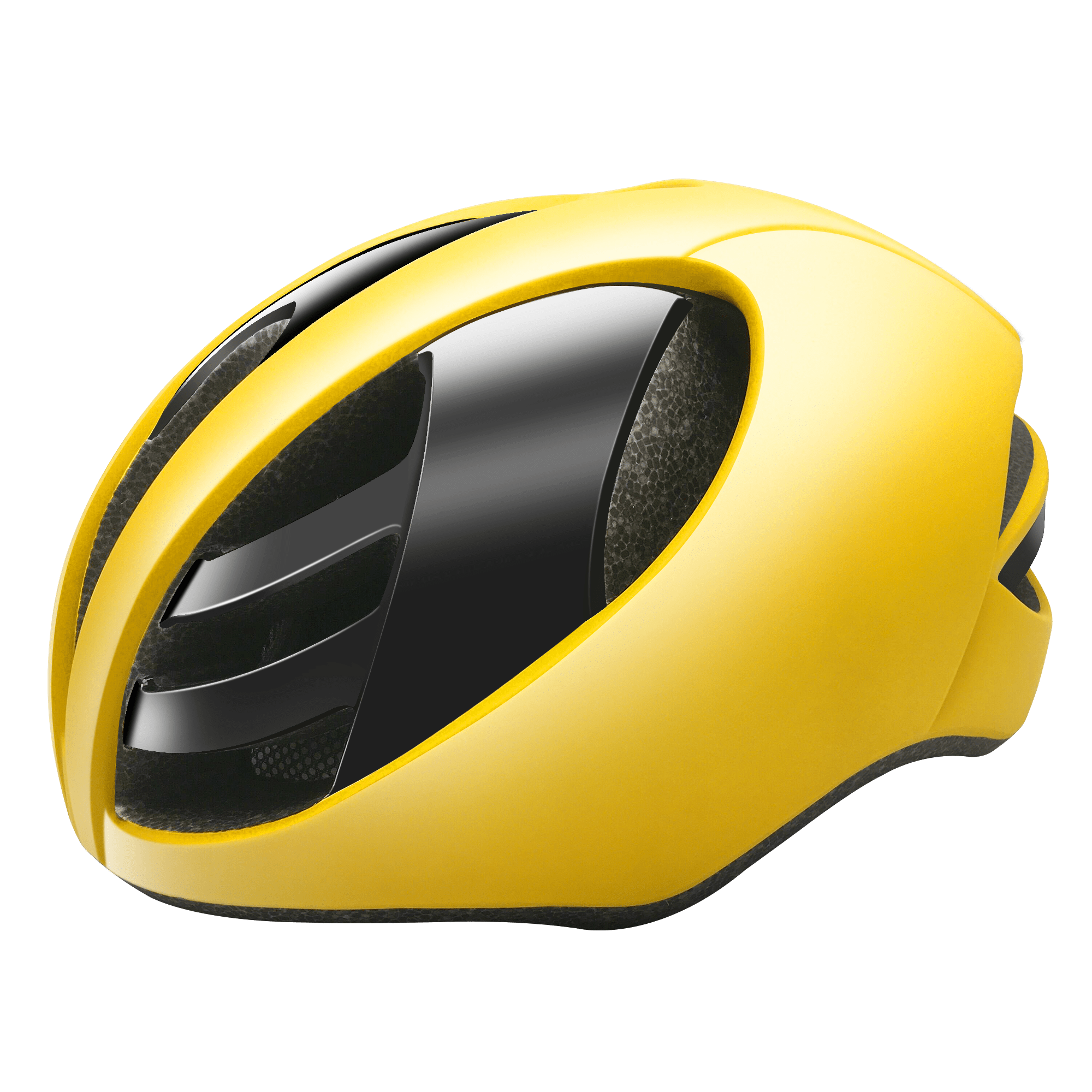 Casco aerodinámico amarillo con visera negra. El casco tiene un diseño elegante y curvado.