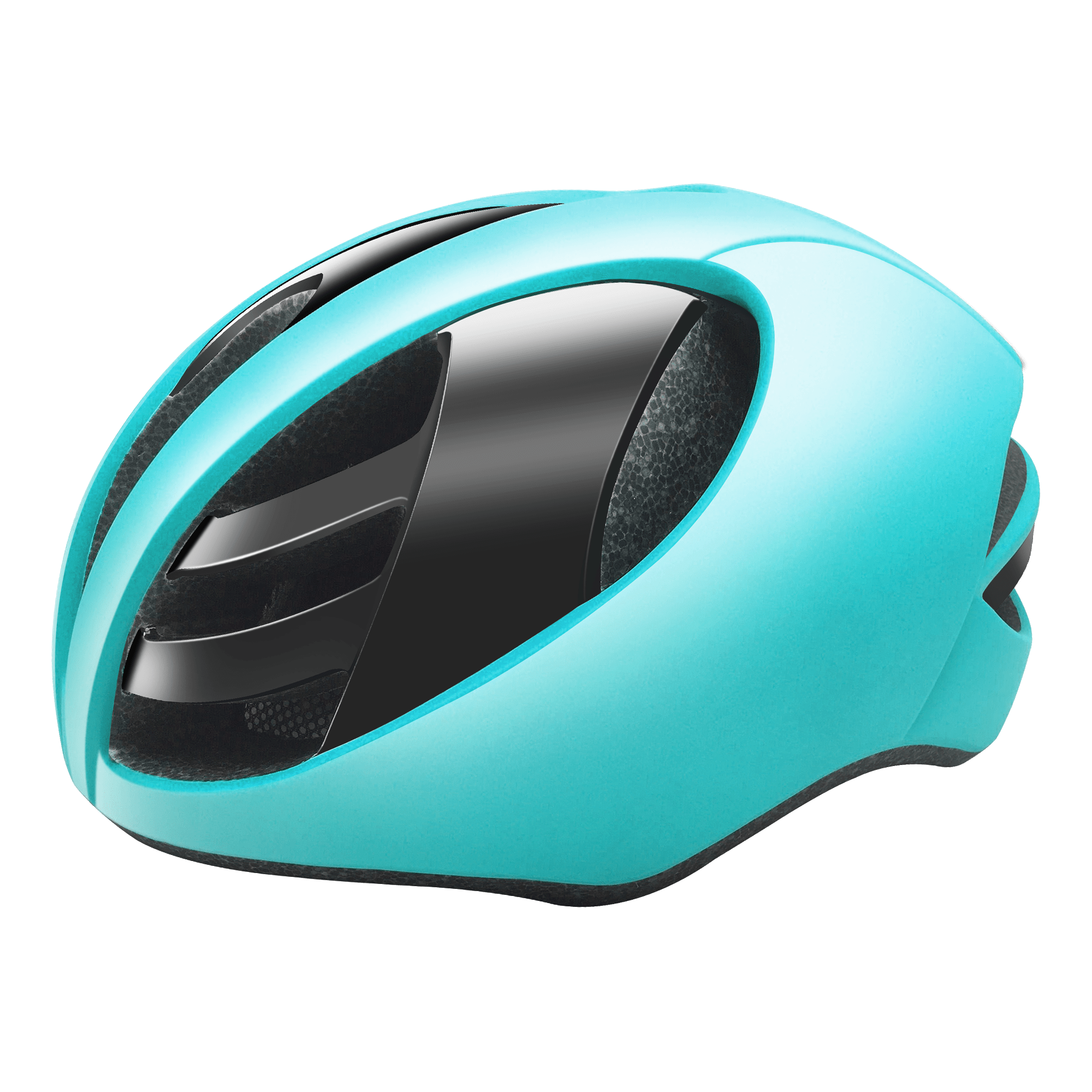 Un casco aerodinámico azul claro con ventilaciones negras sobre un fondo negro, visto de lado.