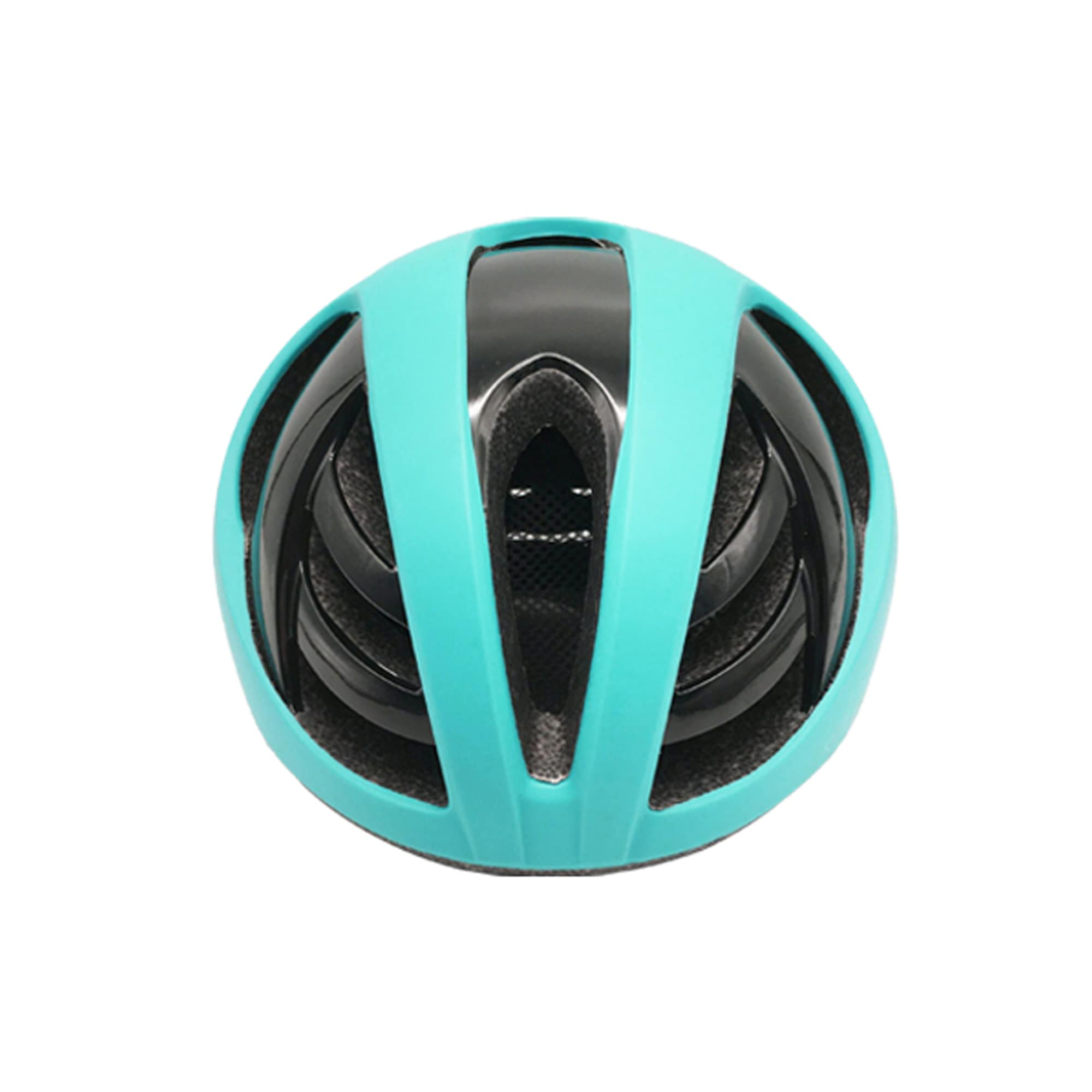 Casco de bicicleta turquesa y negro con ventilación, sobre fondo blanco.
