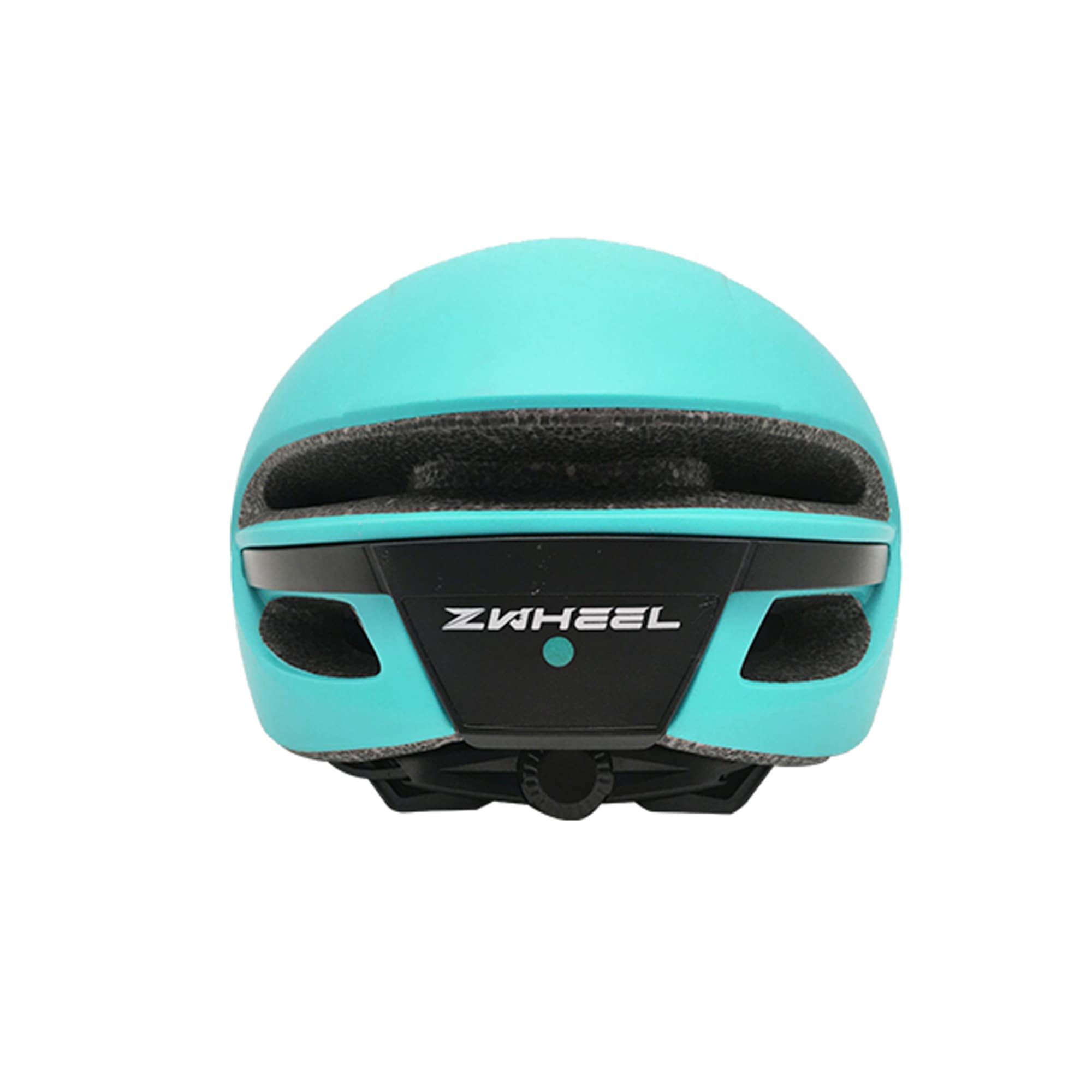 Vista trasera de un casco de ciclismo verde azulado con la marca ZWHEEL.