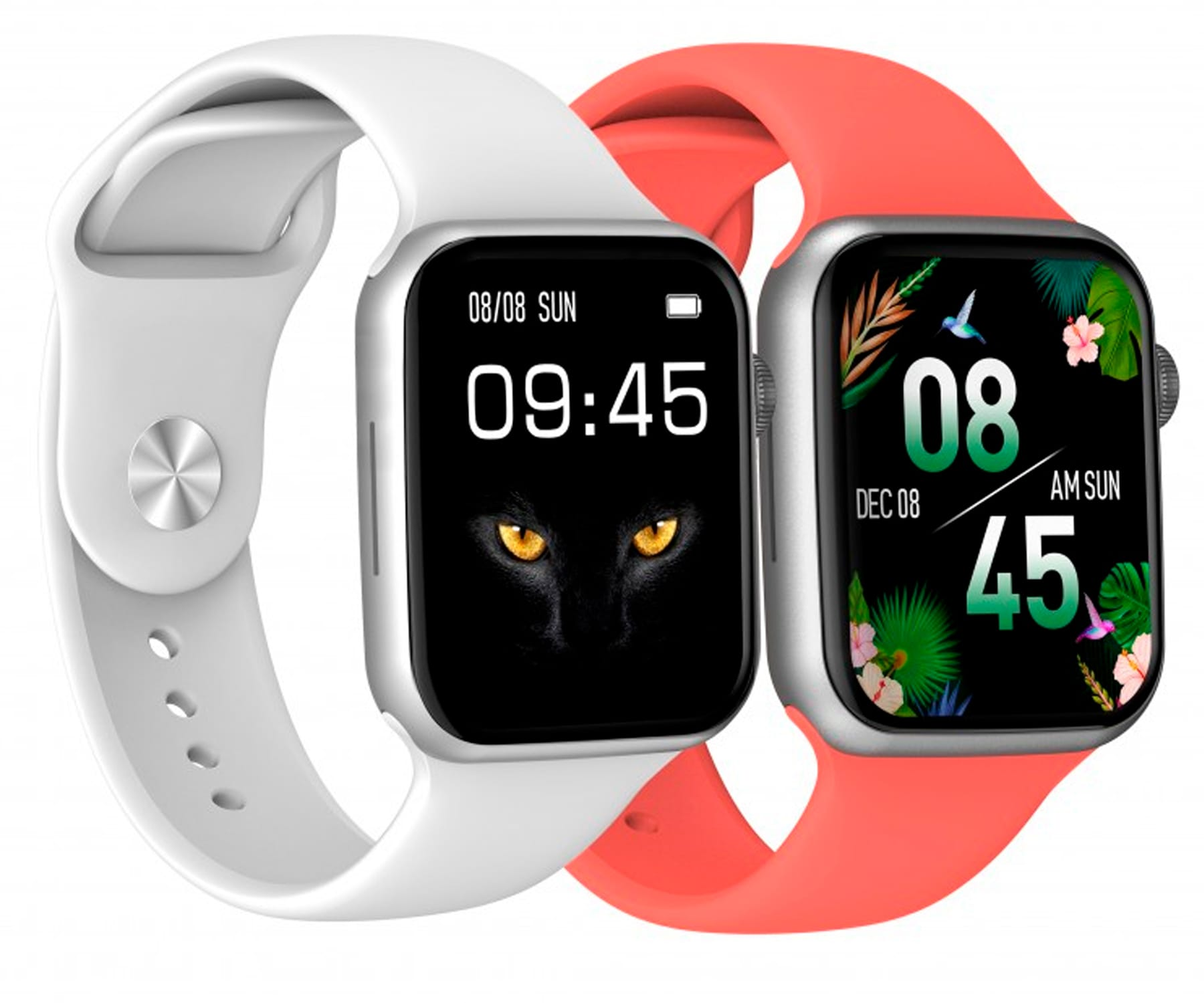 Dwa smartwatche, jeden biały i jeden pomarańczowy, pokazujące czas i tarcze zegarków.