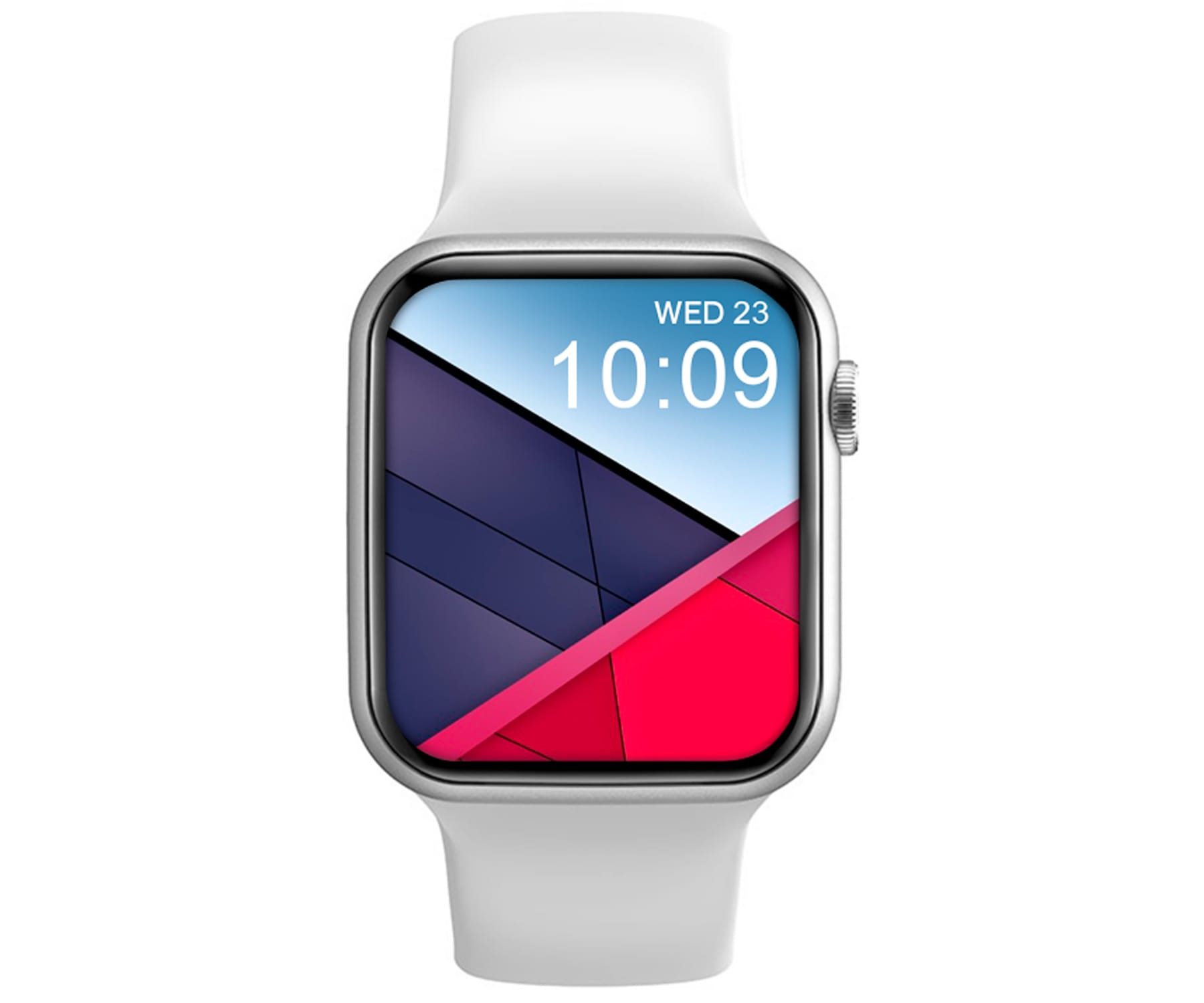 Biały smartwatch z kolorowym wyświetlaczem pokazującym godzinę i datę.