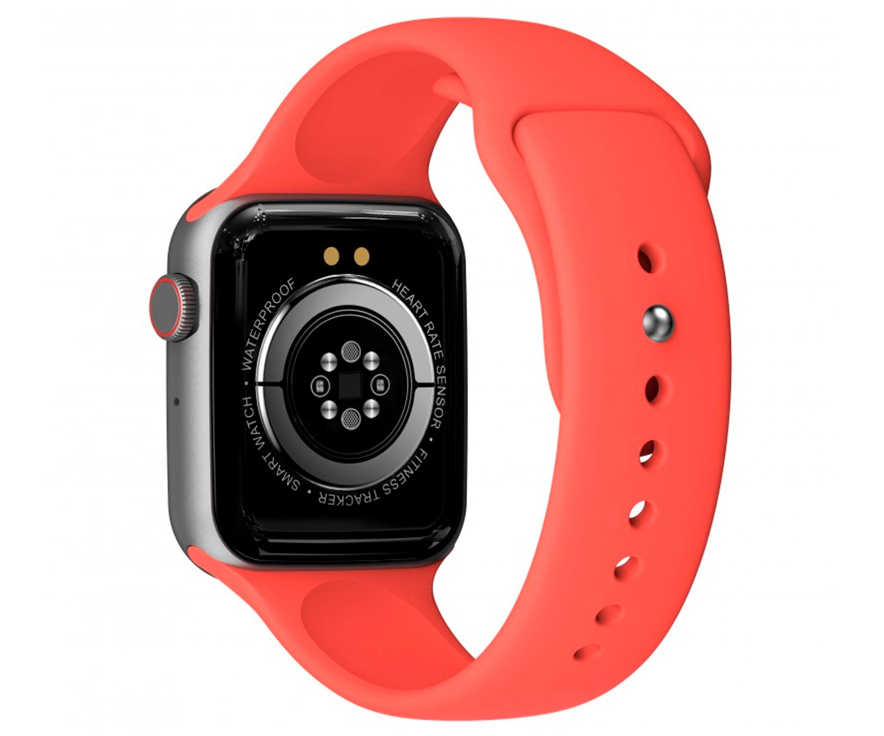 Koralowy smartwatch ze srebrną ramką. Tył pokazuje czujnik tętna.