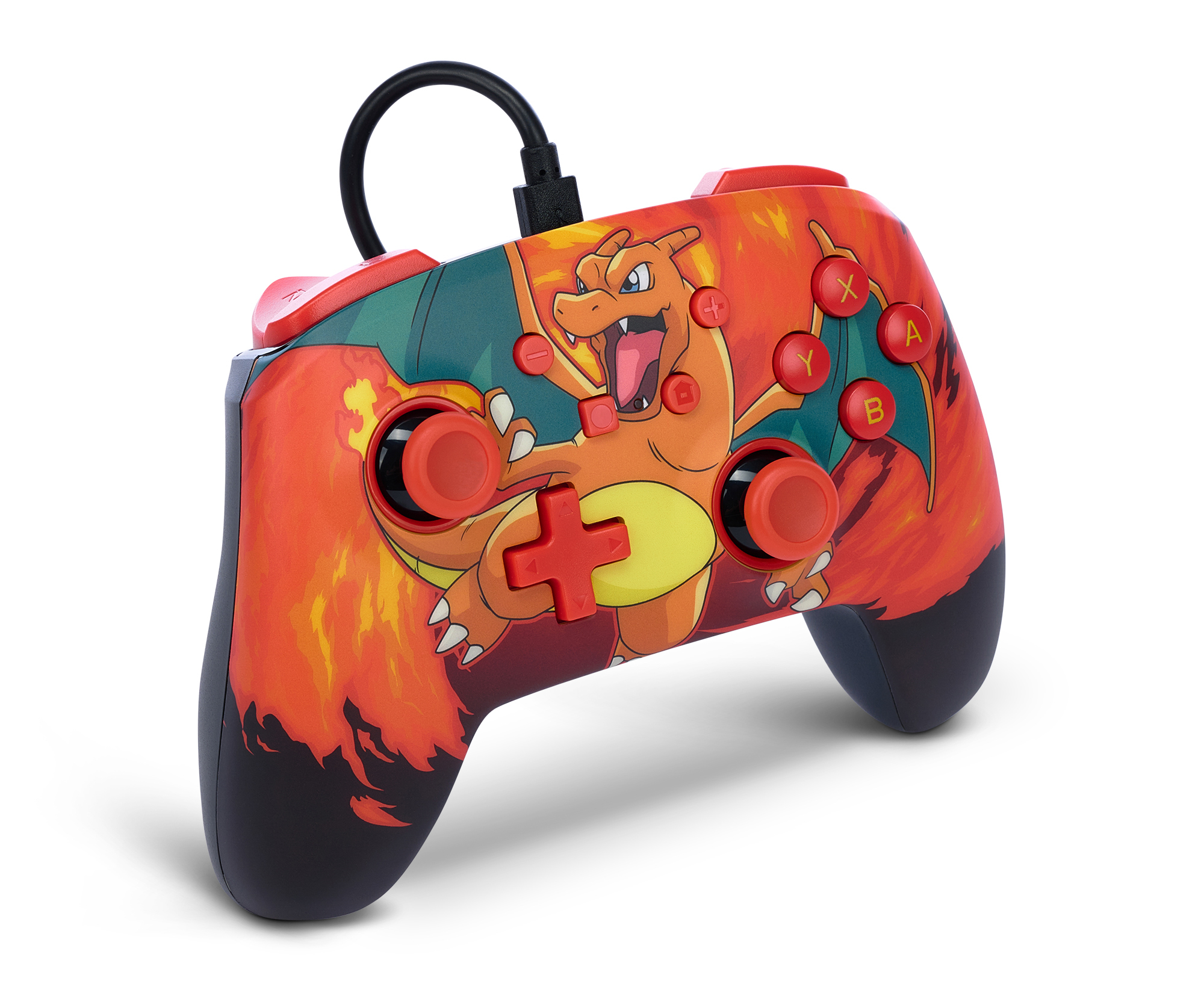 Ein rot-orangefarbener Gamecontroller im Charizard-Design auf weißem Hintergrund.