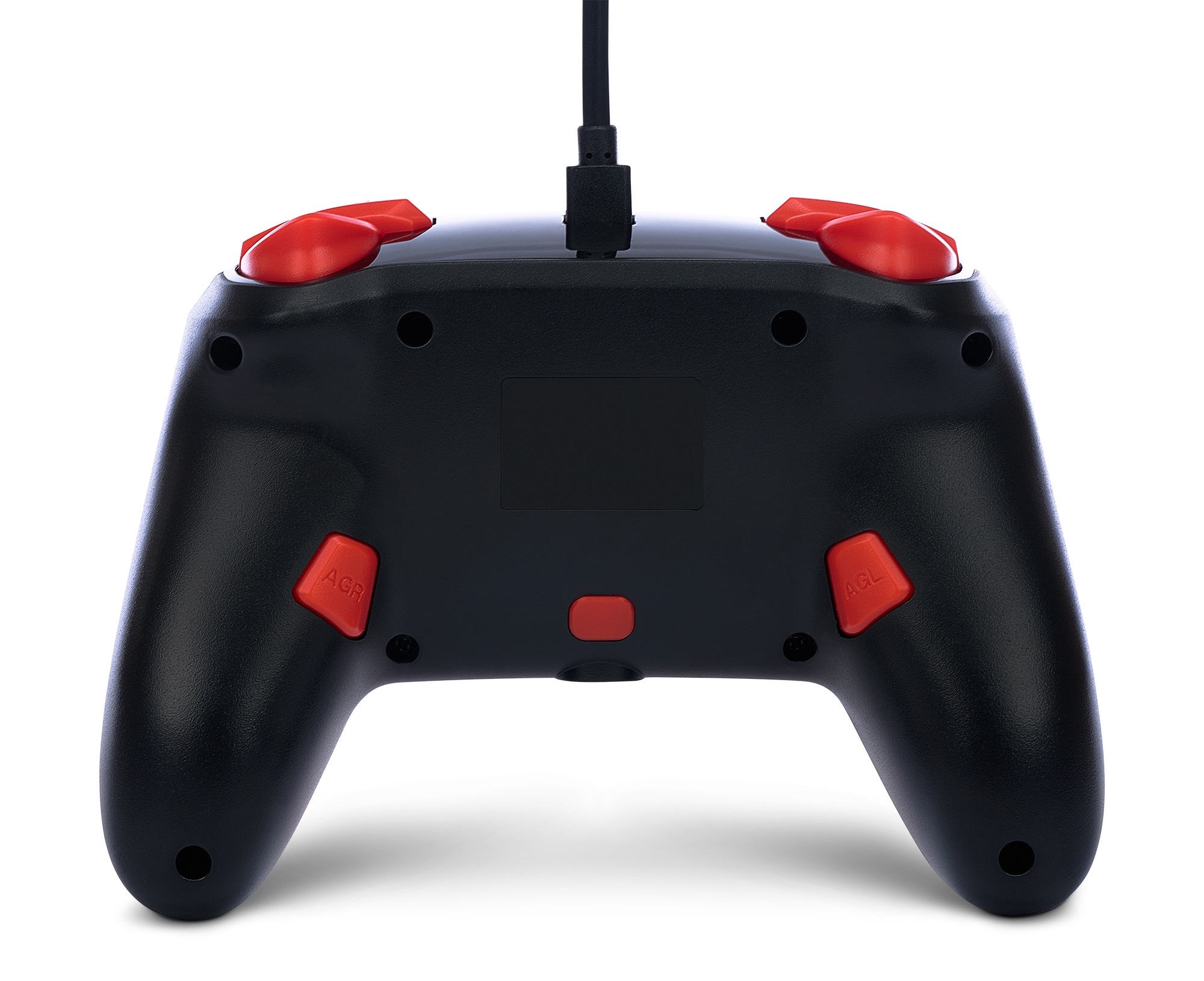 Rückansicht eines schwarzen Gamecontrollers mit roten Knöpfen und schwarzem Kabel, freigestellt.