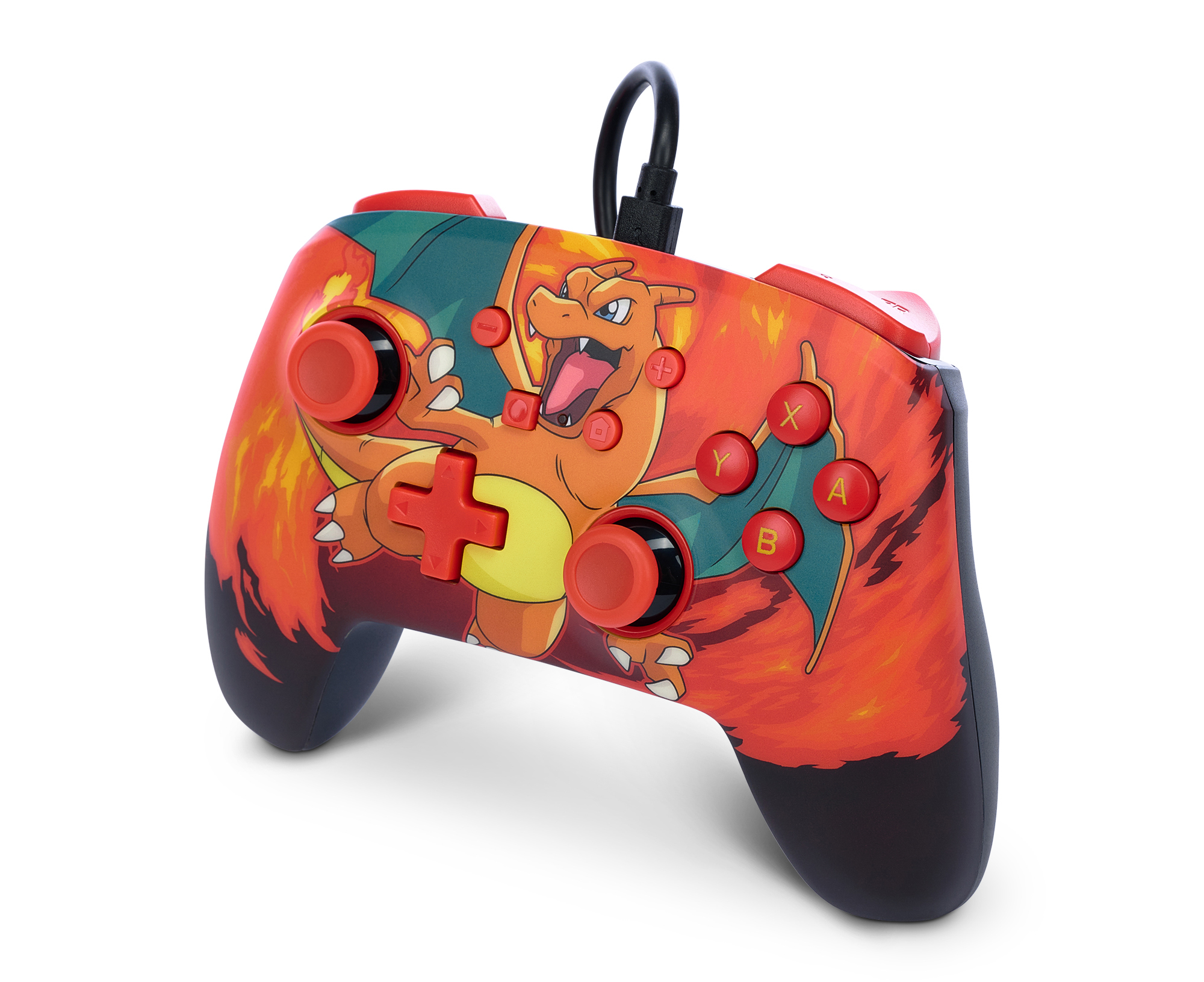 Ein Videospiel-Controller mit Charizard-Design. Er hat rote Knöpfe und ein schwarzes Kabel.