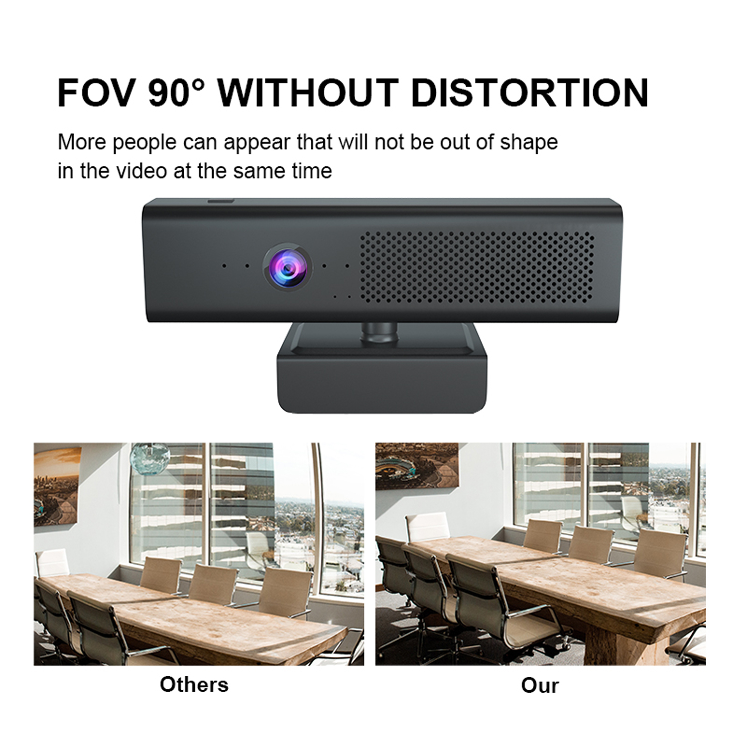 Webcam en un soporte con cámara y micrófono. Dos vistas de sala de reuniones, una con personas.