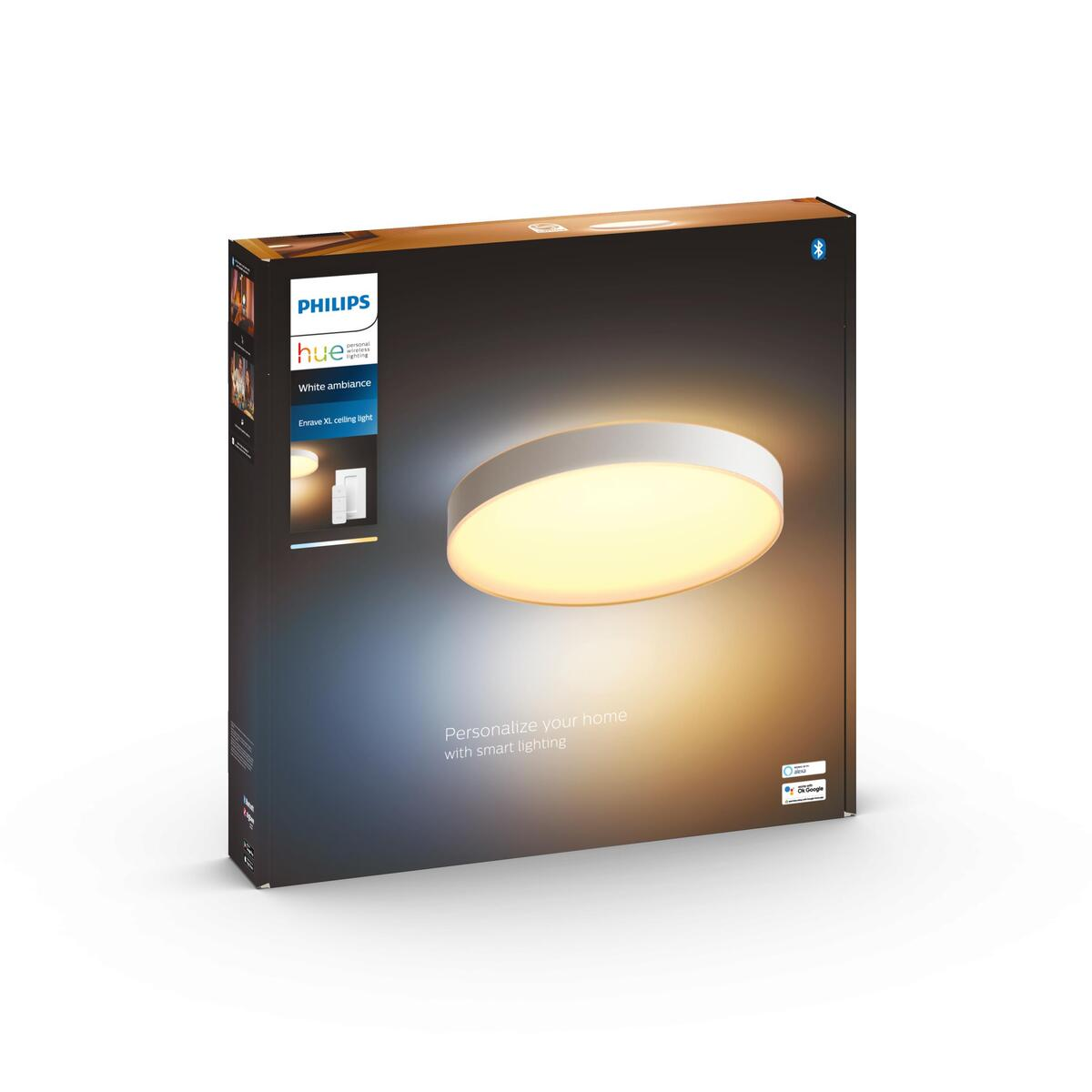 Pudełko Philips Hue, ze zdjęciem lampy sufitowej i szczegółami produktu.