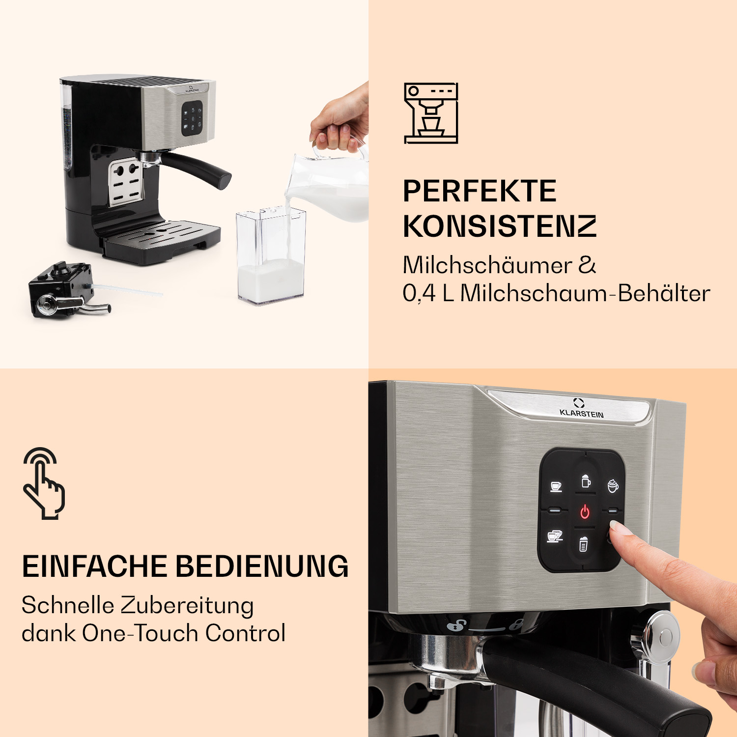 Eine silber-schwarze Espressomaschine mit Hand, die Milch eingießt. Merkmale sind ein Milchaufschäumer.