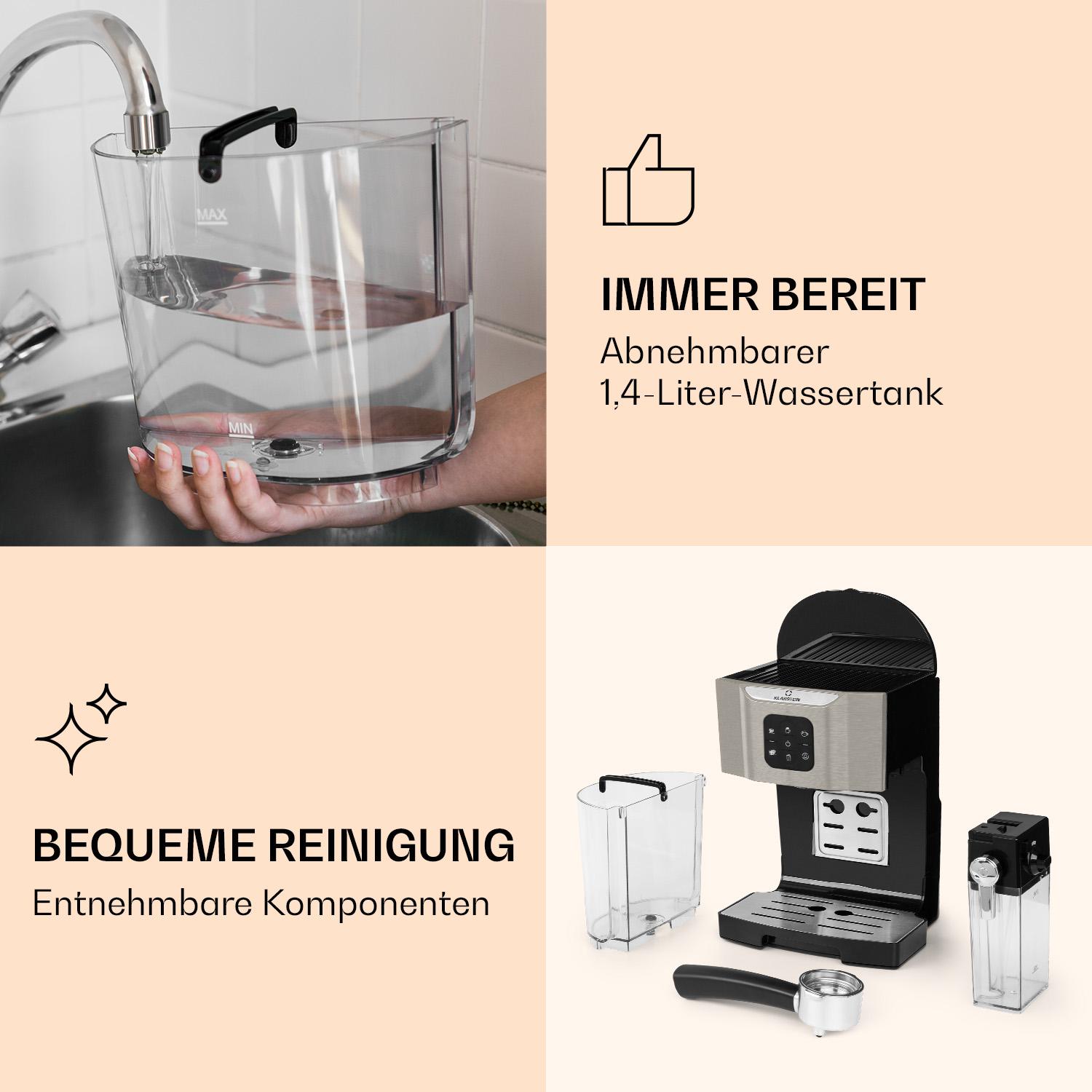 Kaffeemaschine mit Wassertank, beschriftet 'MAX' und 'MIN', und einer Tasse. Der Text lautet 'IMMER BEREIT'.