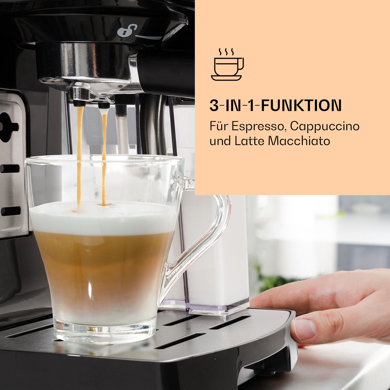 Kaffeemaschine mit Espresso, der in ein Glas gegossen wird, Text: 3-in-1-Funktion, für Espresso...