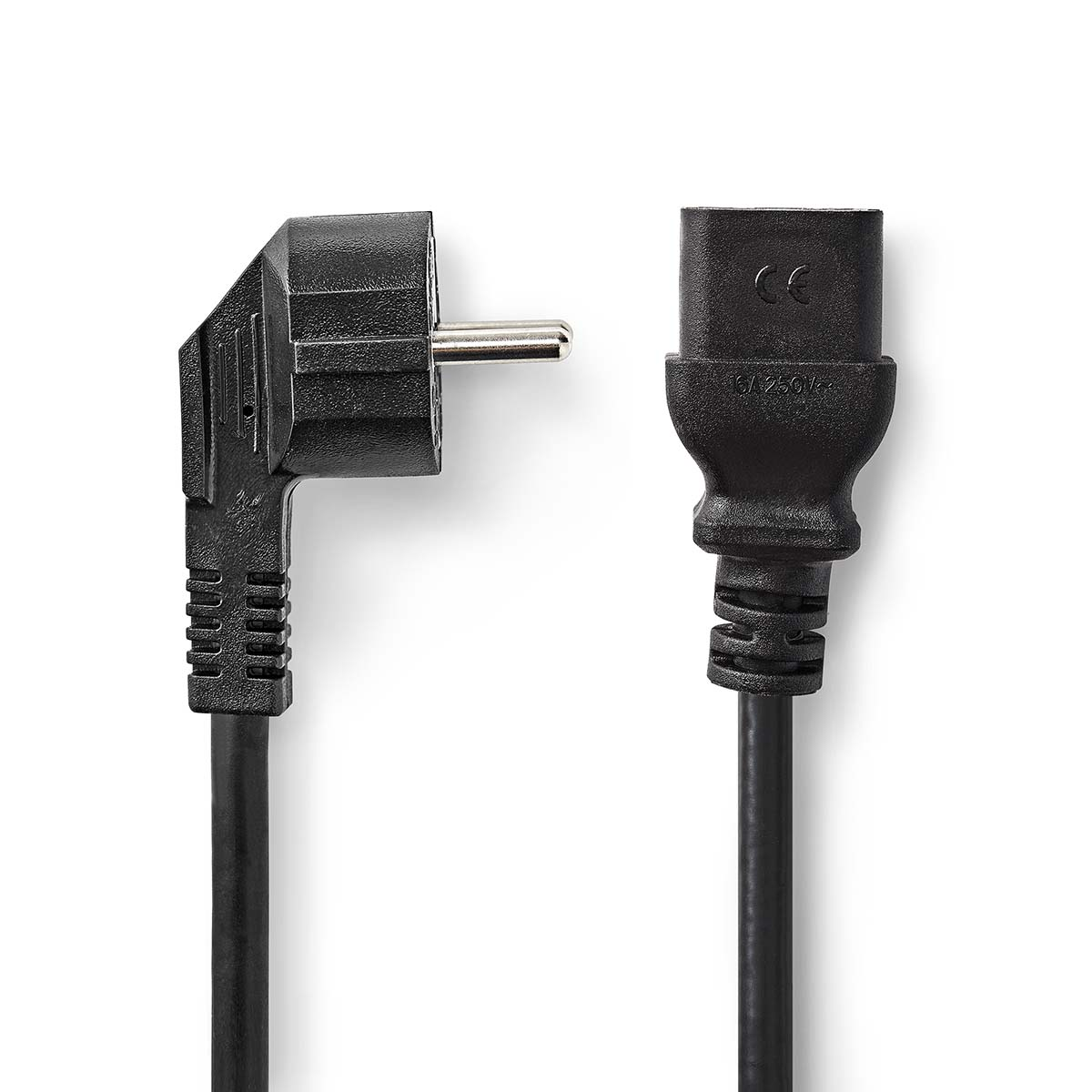 Un câble d'alimentation noir avec une prise coudée et un connecteur femelle, fond blanc.