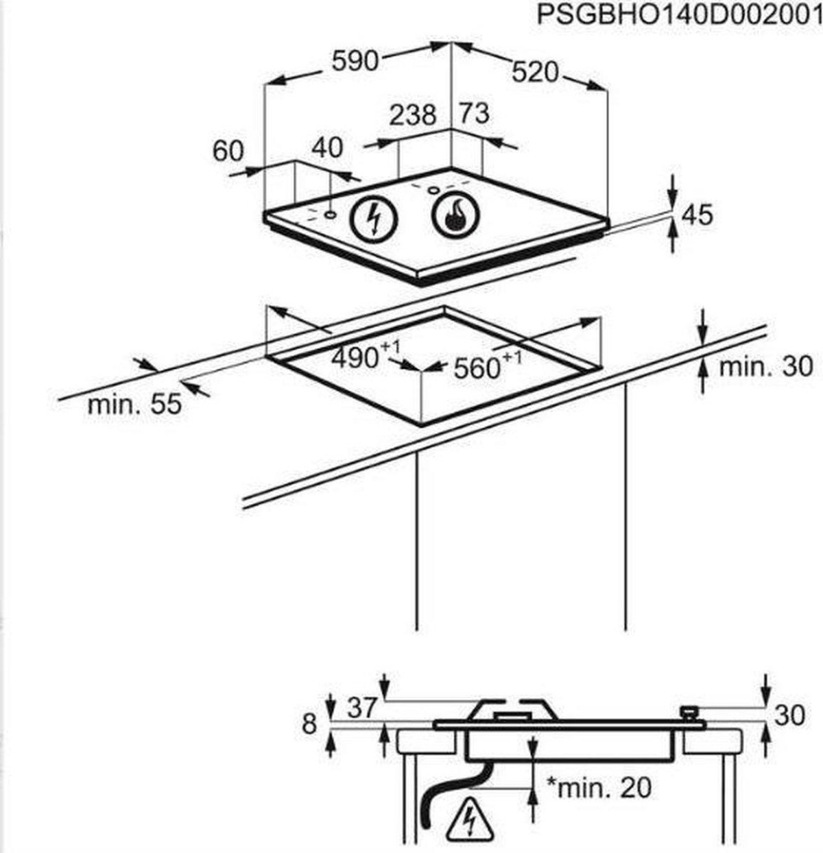 Technische Zeichnung eines Kochfelds mit Abmessungen und Symbolen.