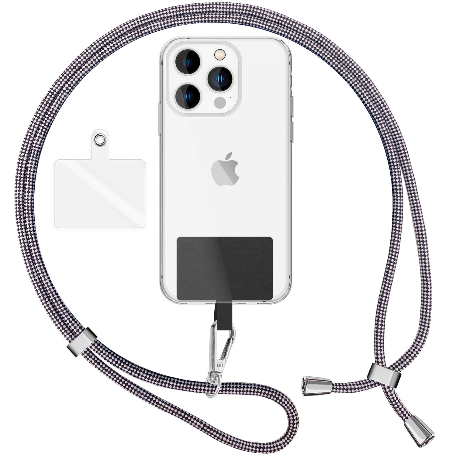 Transparente Handyhülle mit Umhängeband, zeigt ein Handy mit drei Kameras.