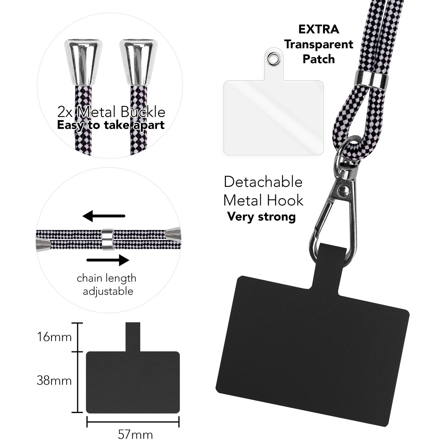 Ein Handy-Lanyard mit schwarz-weiß gemusterter Kordel, Metallschnallen, einem transparenten Patch und einem schwarzen rechteckigen Halter.