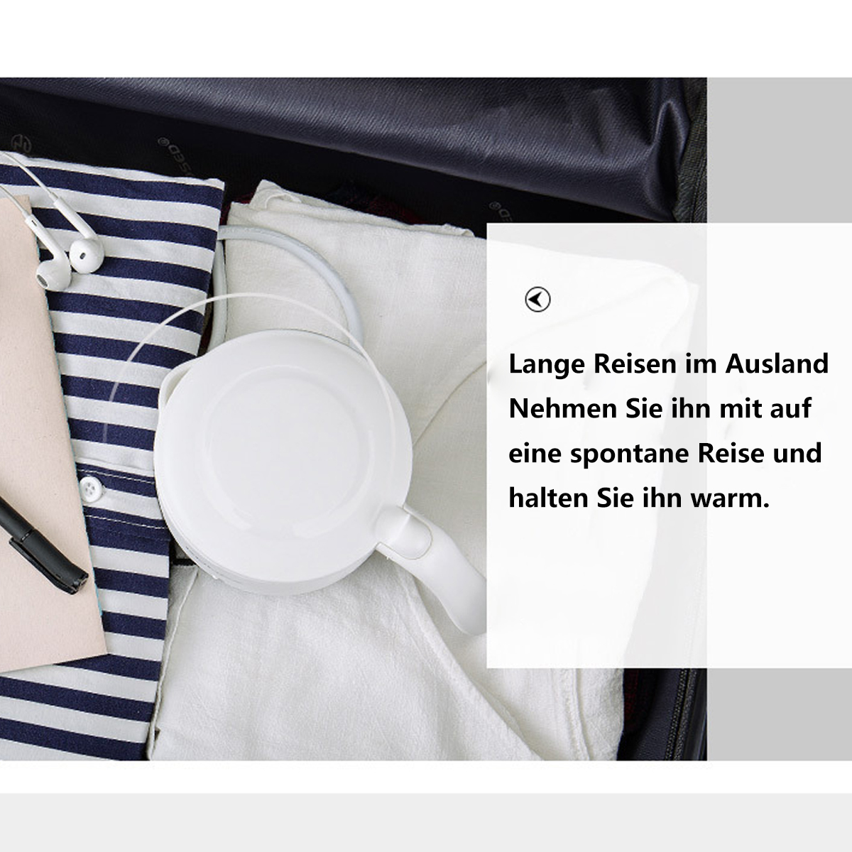 Gepäck mit Kleidung und einem weißen Reisekocher. Textblase mit Text.