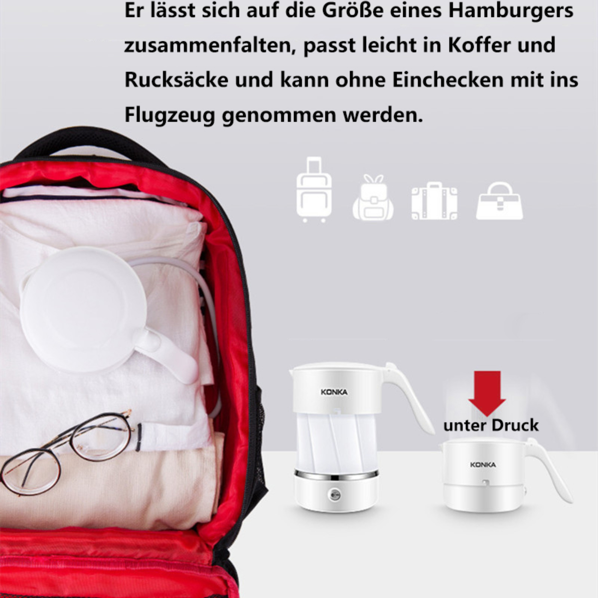 Ein weißer, zusammenklappbarer Wasserkocher mit rotem Rucksack. Text auf Deutsch über die Tragbarkeit.