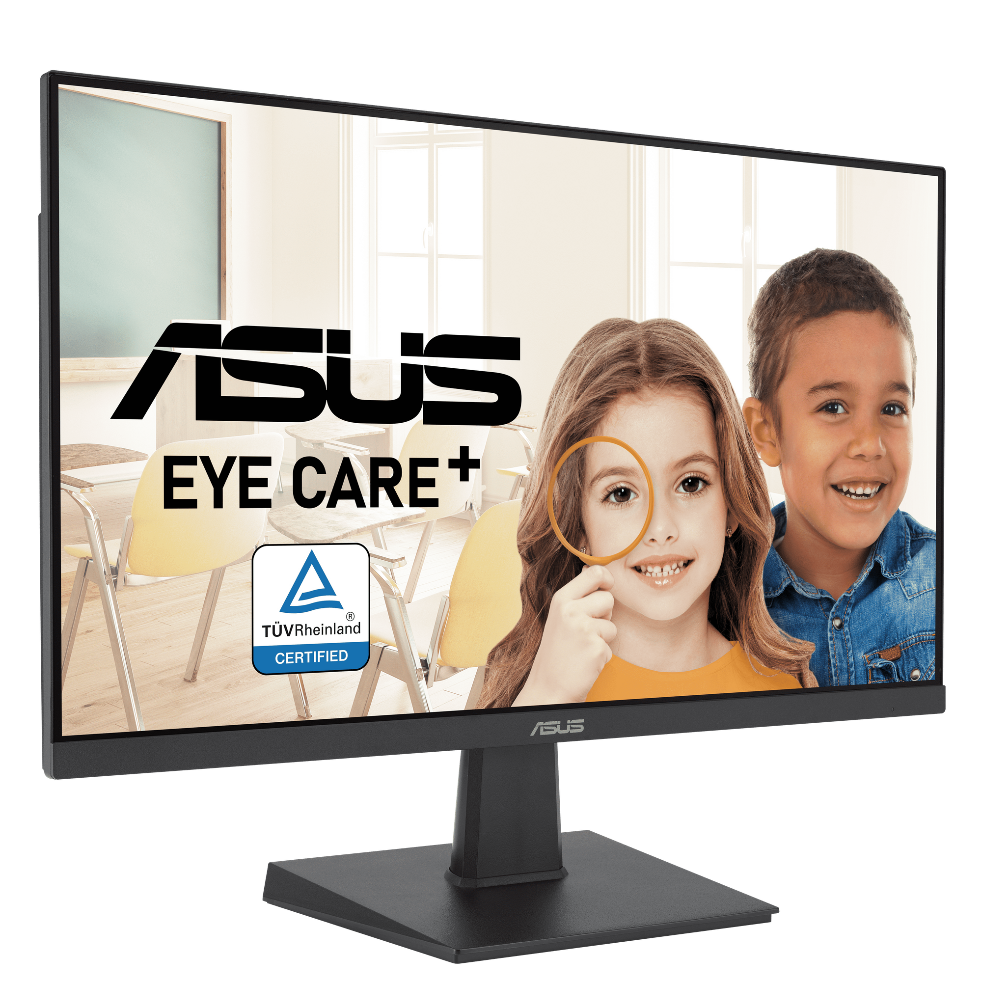 Monitor komputera z twarzami dzieci na ekranie i logo ASUS. Monitor jest czarny.