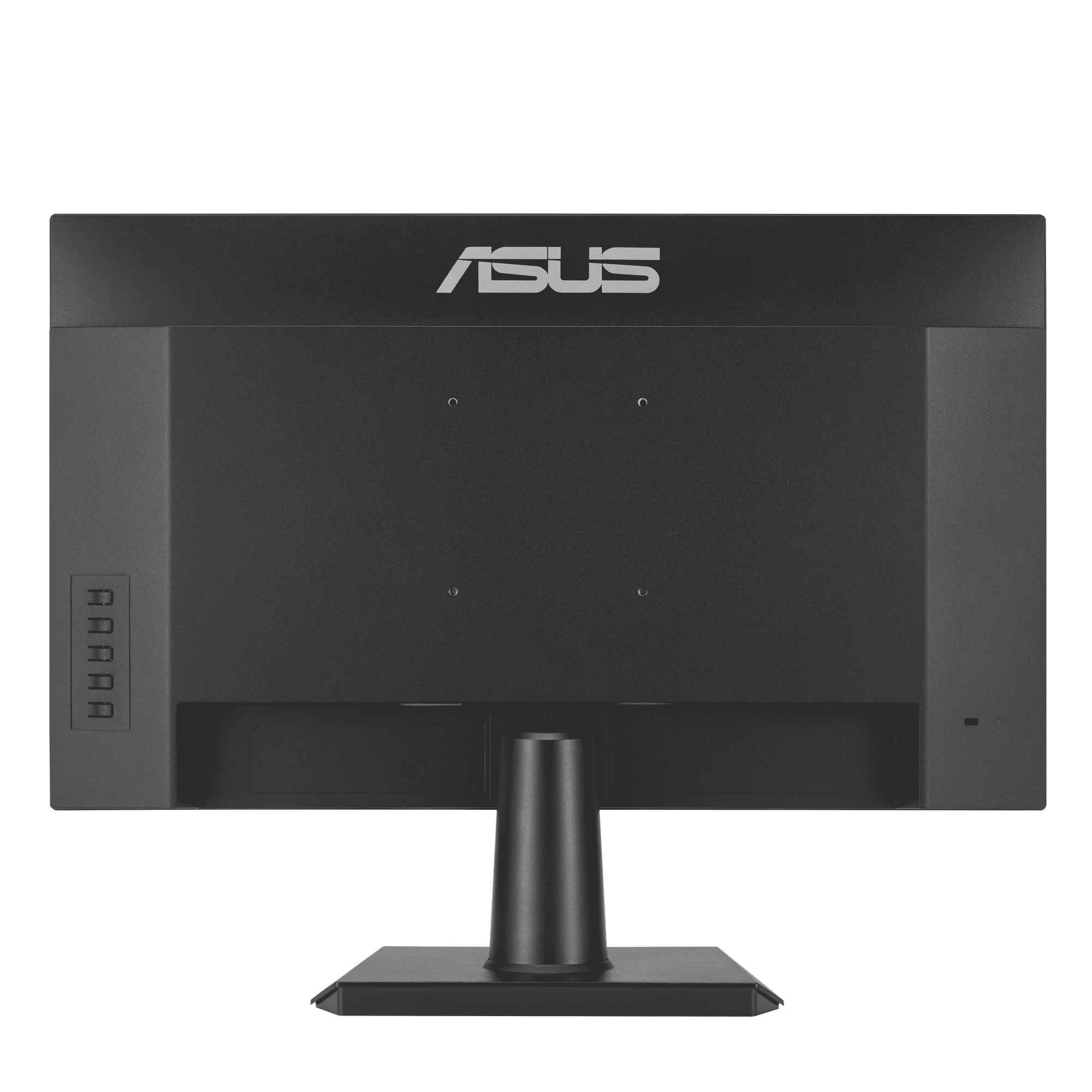 Tył czarnego monitora ASUS z portami i logo ASUS.