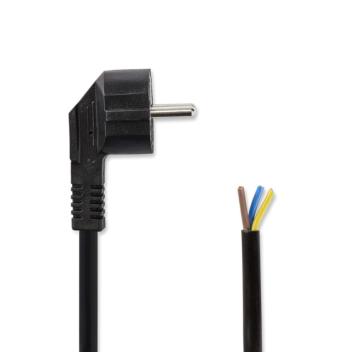 Een zwarte stekker met een kabel en blootliggende draden.
