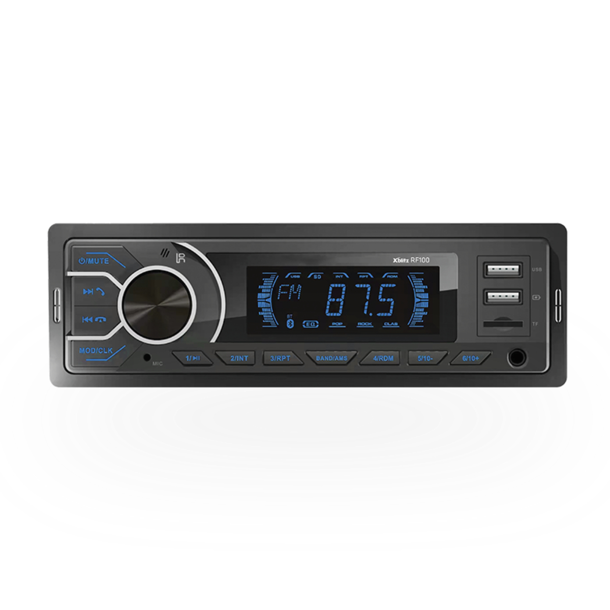 Autoradio con display digitale che mostra informazioni radio FM e pulsanti.